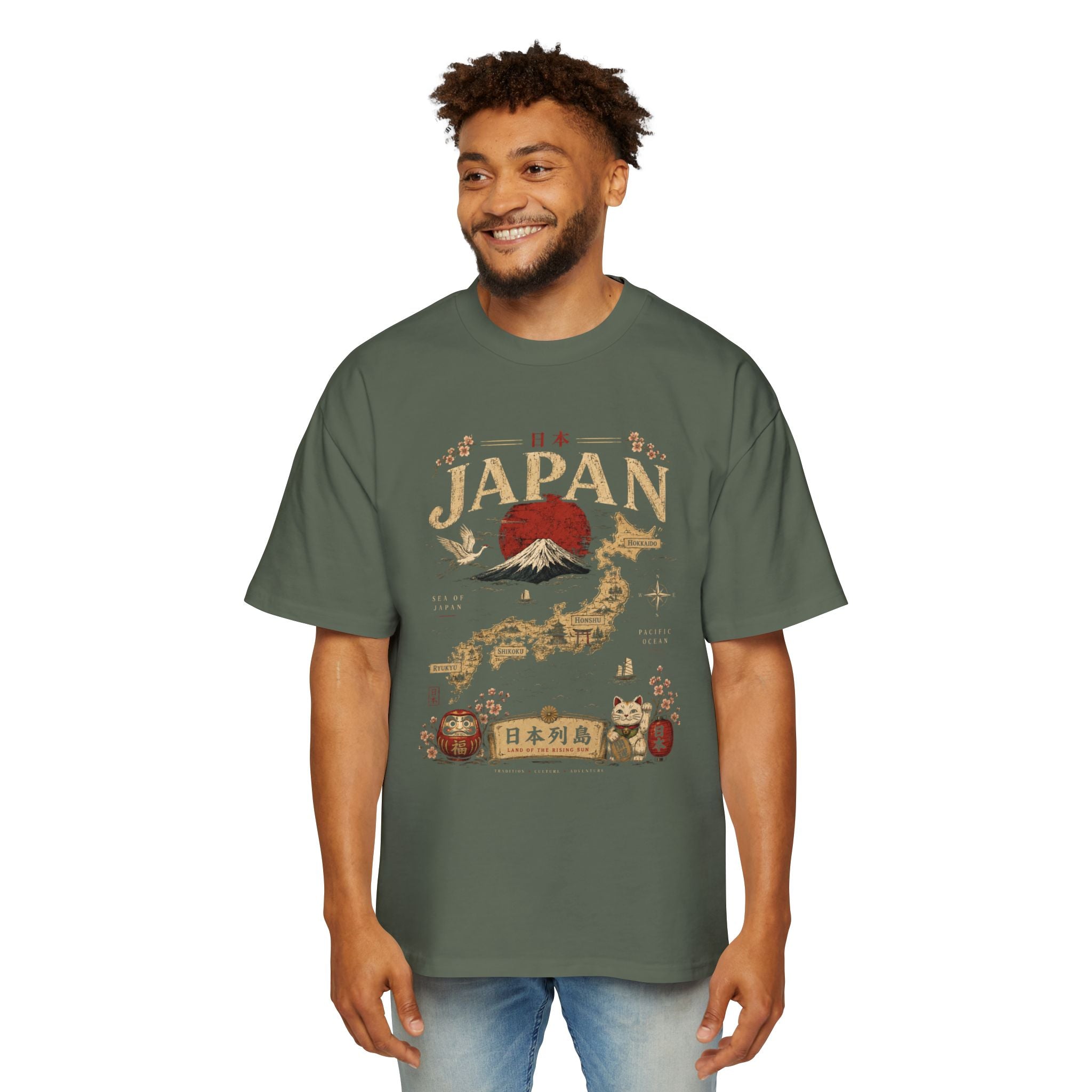 Japan Map Tee — Mount Fuji, Rising Sun & Lucky Cat Graphic T-Shirt