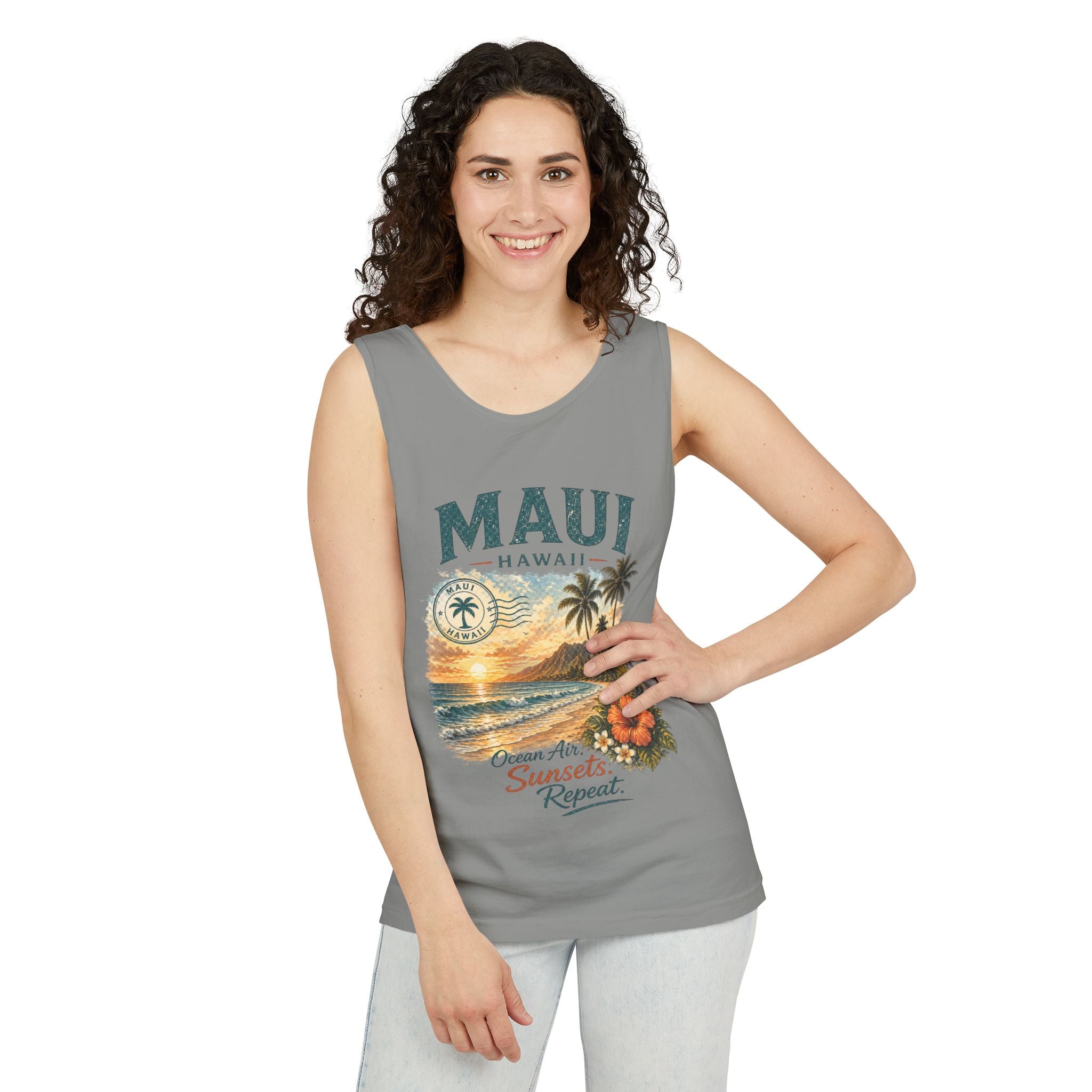 Maui Hawaii Tank Top — Ocean Air Sunsets Repeat Beach Graphic