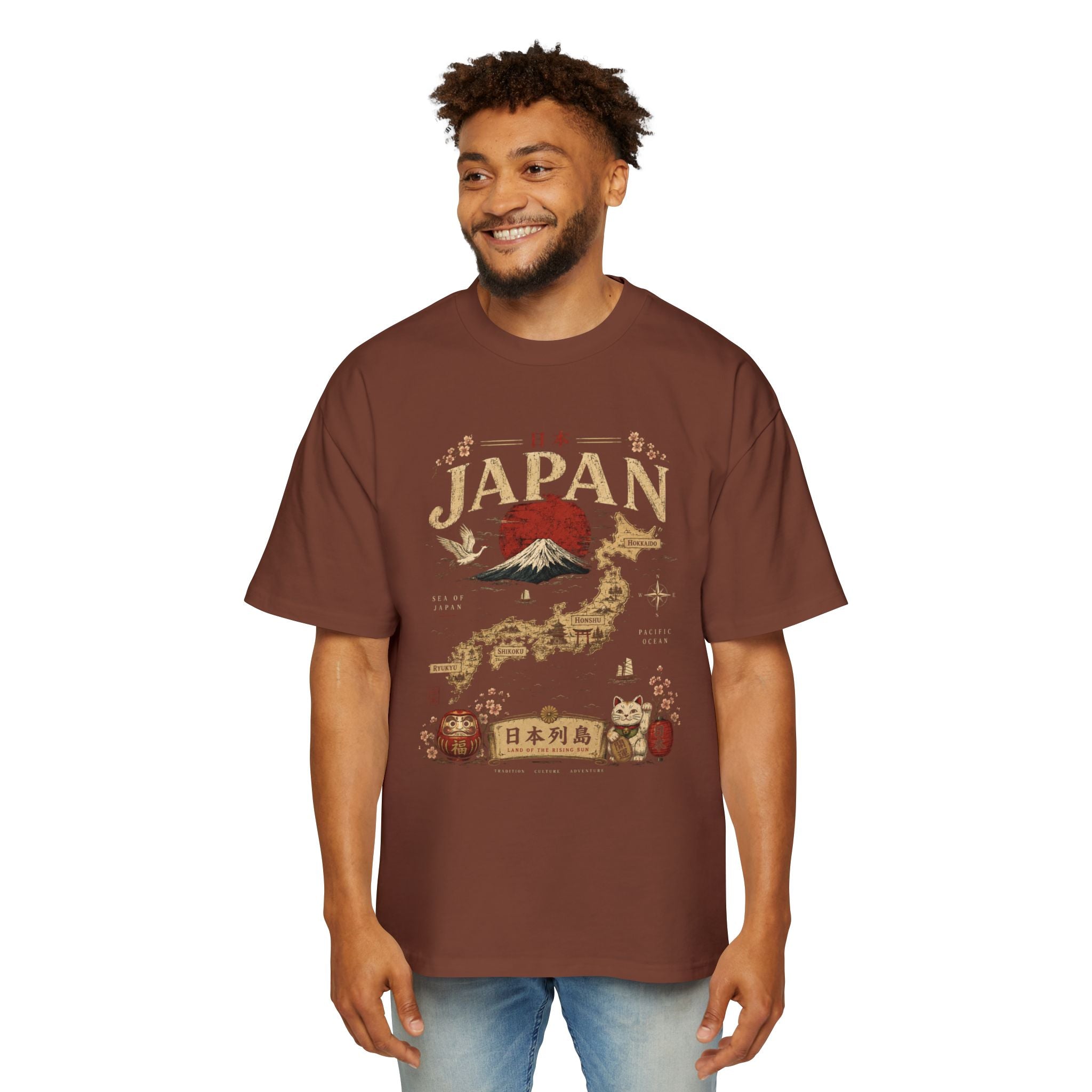 Japan Map Tee — Mount Fuji, Rising Sun & Lucky Cat Graphic T-Shirt