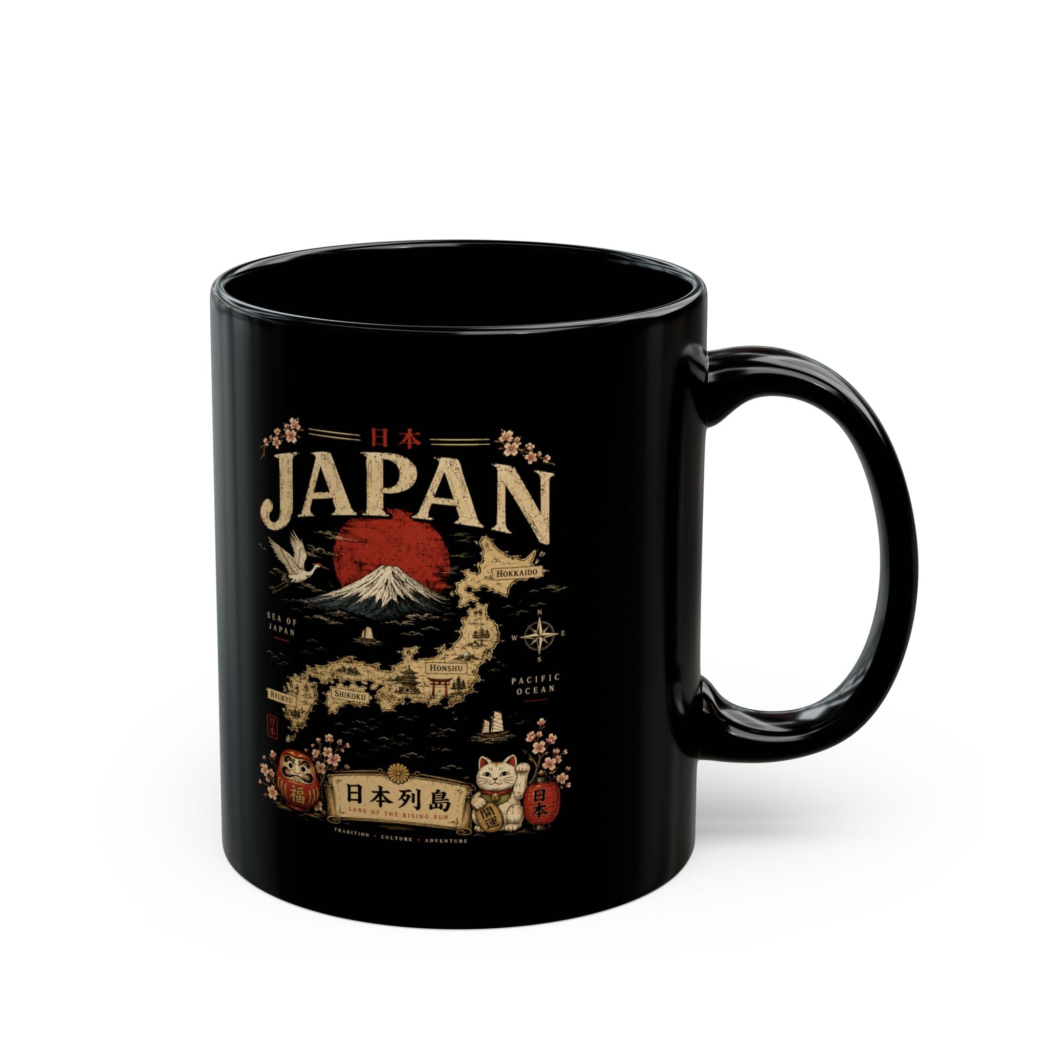 Japan Travel Ceramic Mug — Mount Fuji, Cherry Blossoms & Lucky Cat Design (11oz/15oz)