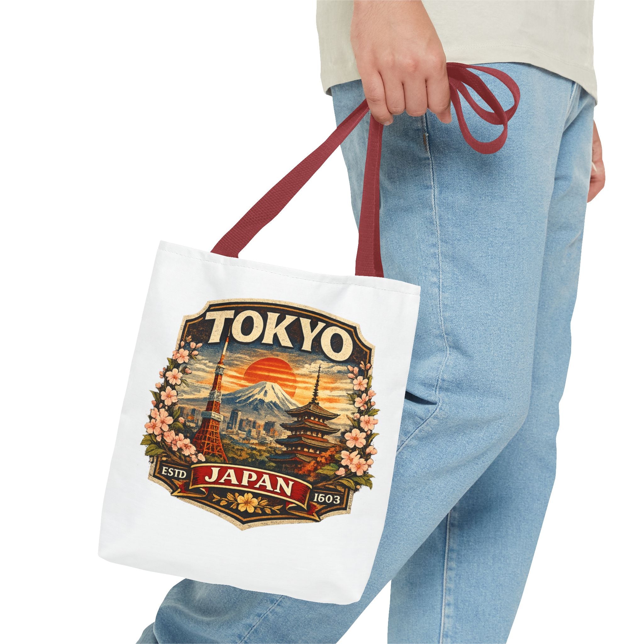 Tokyo Japan Scenic Tote Bag – Vintage Mount Fuji & Cherry Blossom Travel Tote