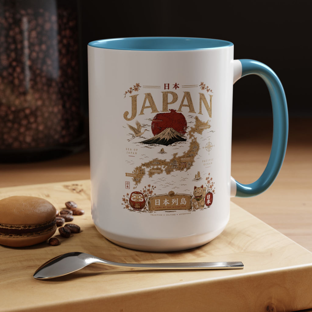 Japan Travel Map Coffee Mug — Mount Fuji Red Sun Accent Mug (11/15 oz)