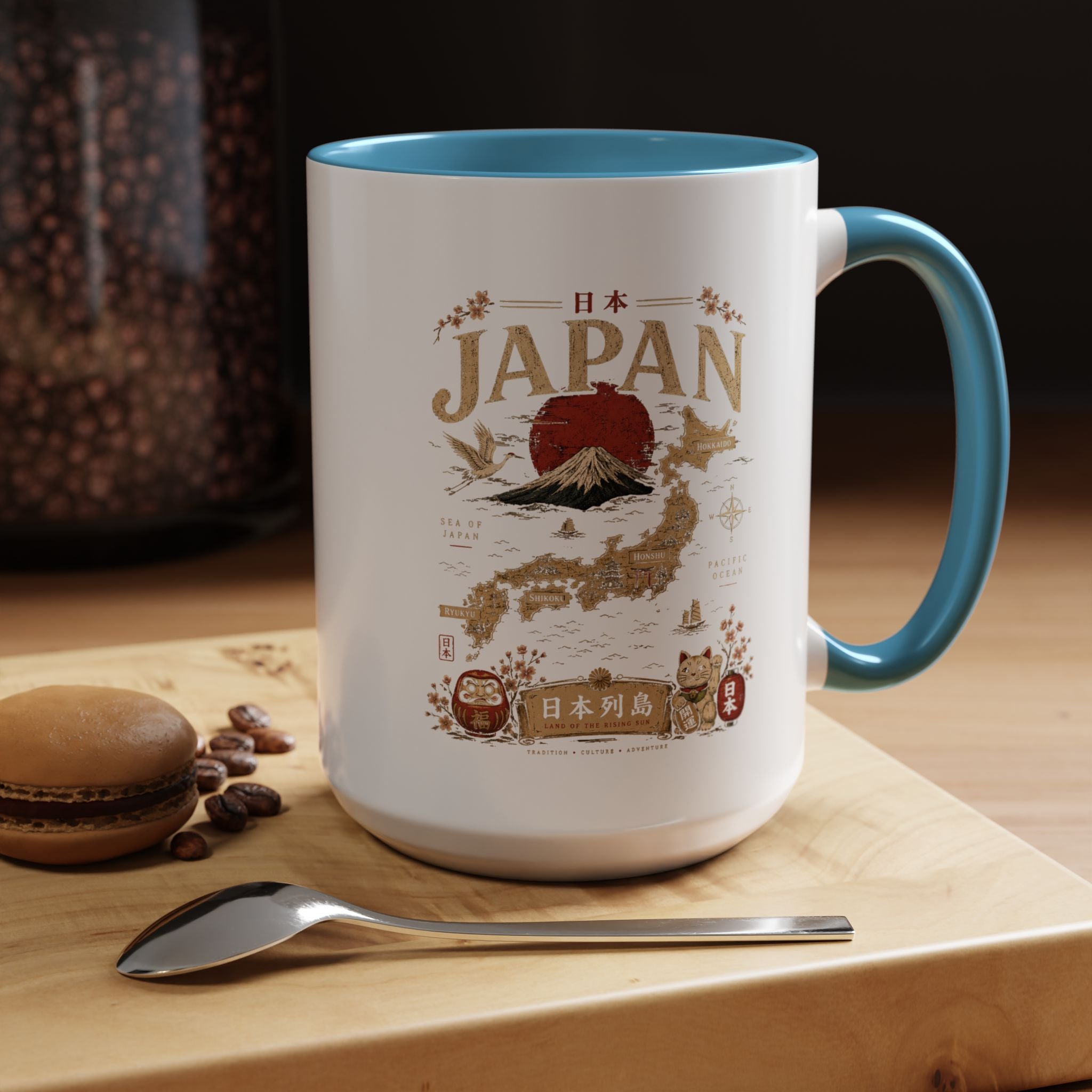 Japan Travel Map Coffee Mug — Mount Fuji Red Sun Accent Mug (11/15 oz)