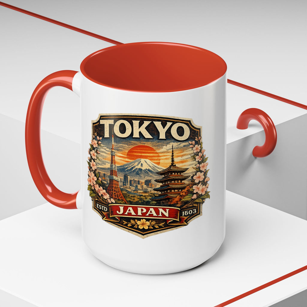 Tokyo Japan Accent Coffee Mug – Vintage Mount Fuji & Sakura Travel Souvenir (11/15oz)