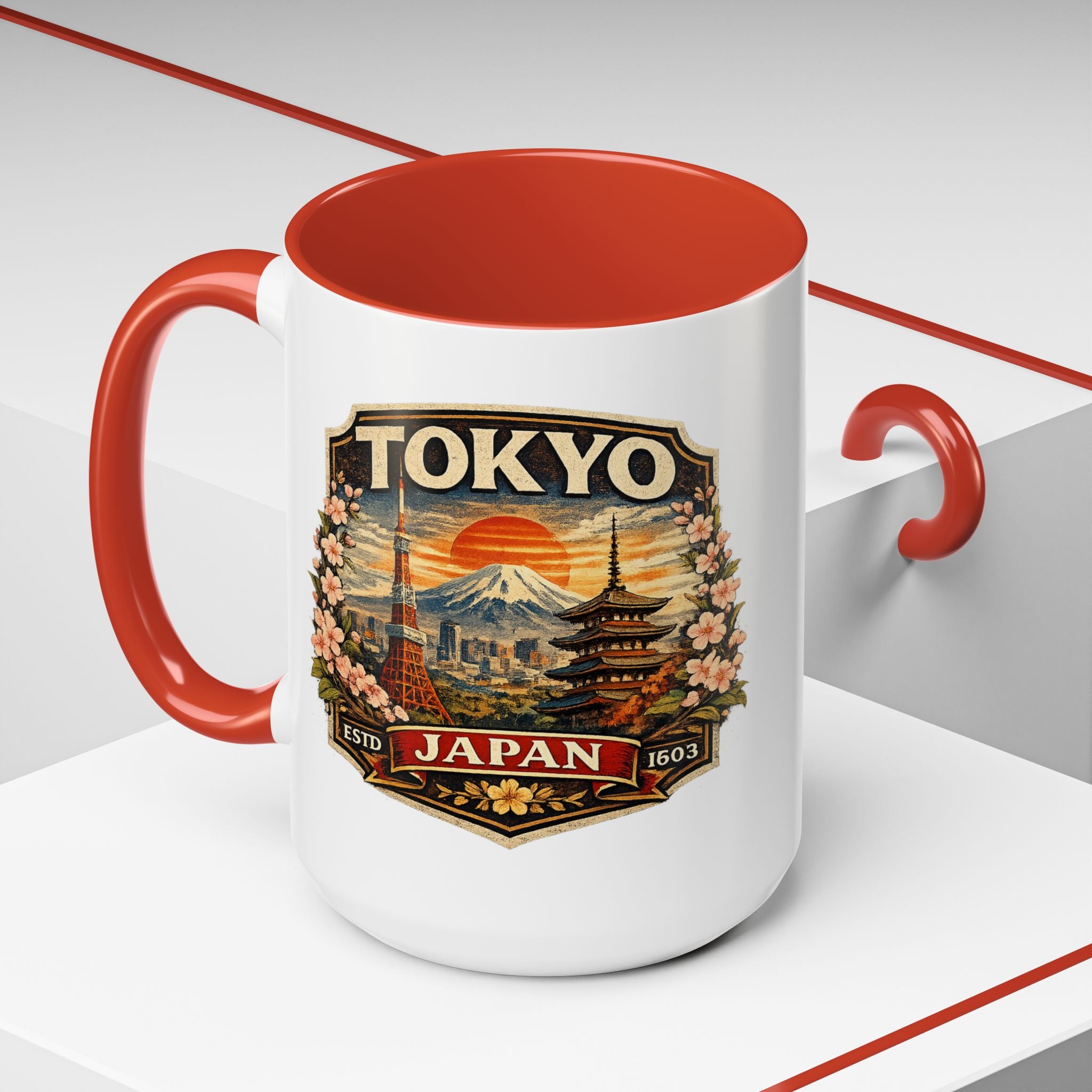 Tokyo Japan Accent Coffee Mug – Vintage Mount Fuji & Sakura Travel Souvenir (11/15oz)
