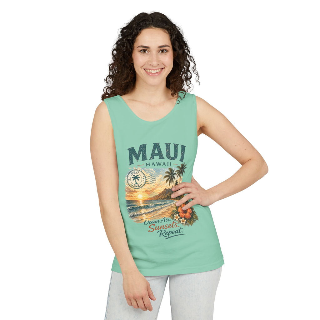 Maui Hawaii Tank Top — Ocean Air Sunsets Repeat Beach Graphic