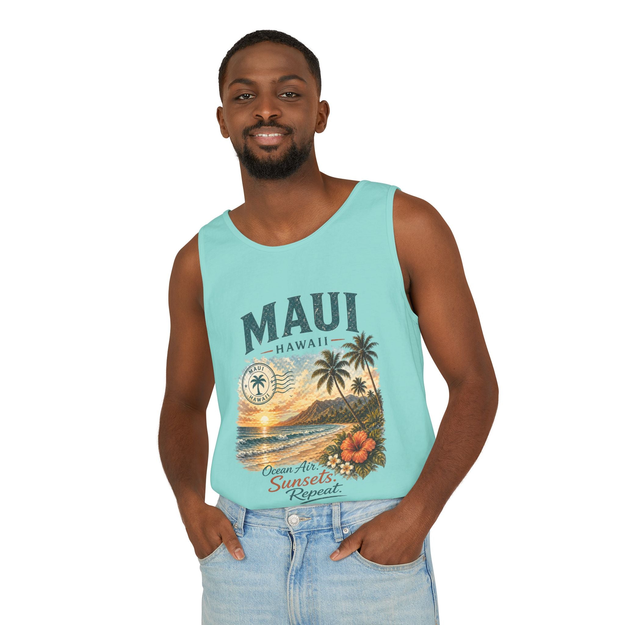 Maui Hawaii Tank Top — Ocean Air Sunsets Repeat Beach Graphic