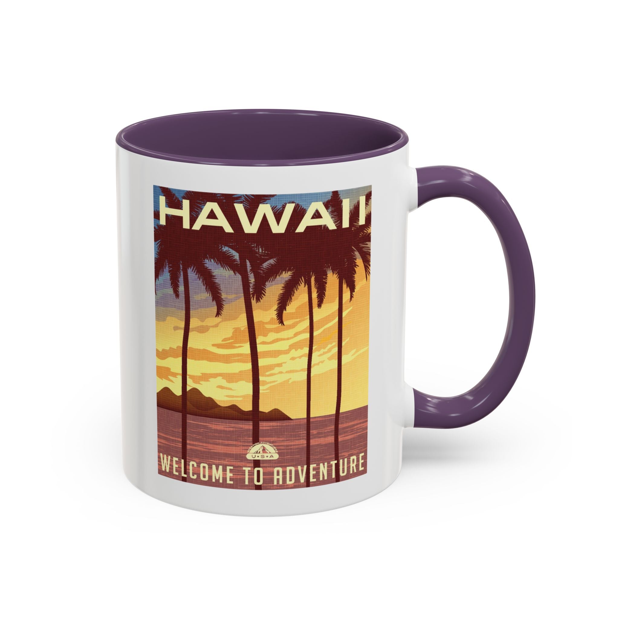 Hawaii Sunset Coffee Mug — "Welcome to Adventure" Tropical Travel Accent Mug