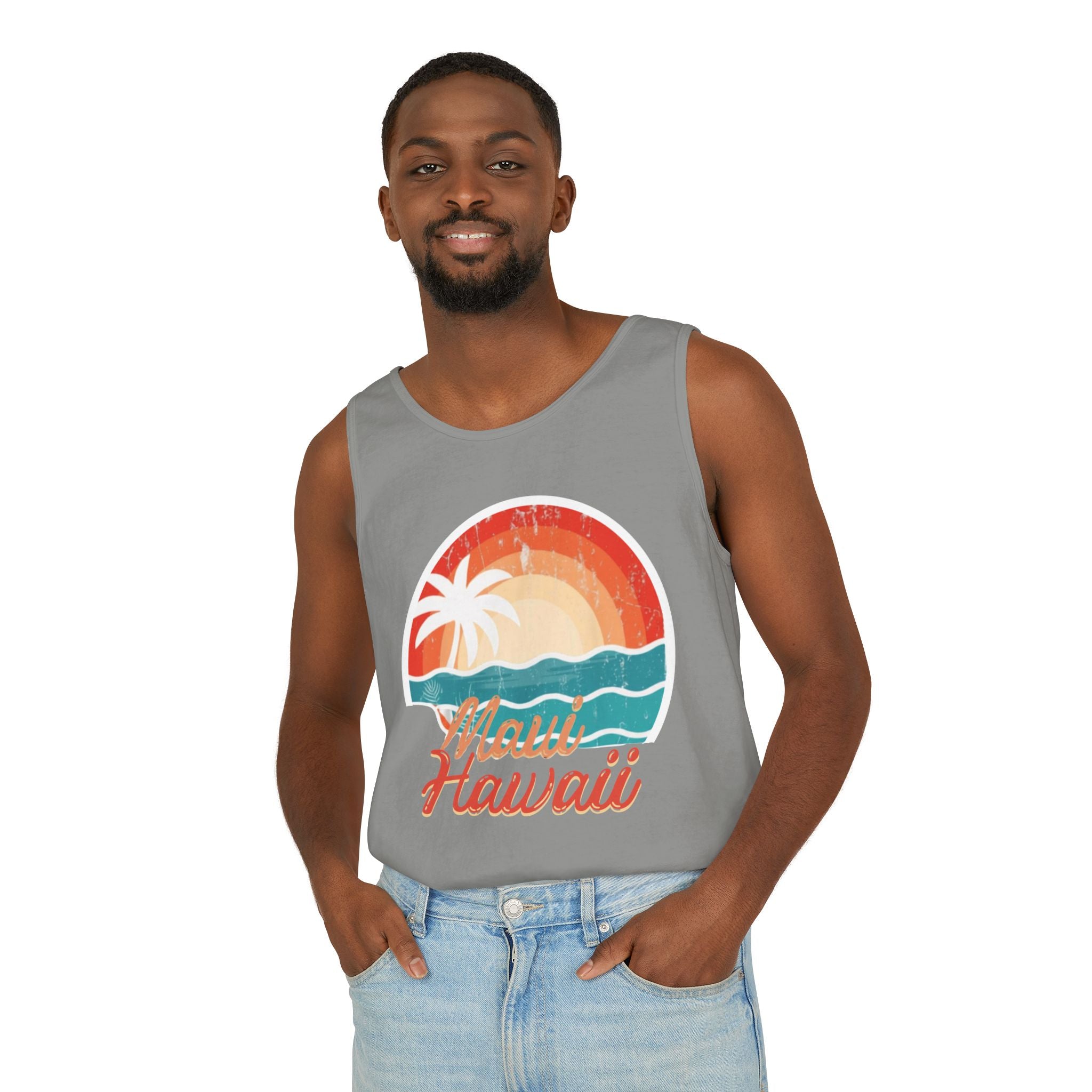 Maui Hawaii Retro Sunset Tank Top — Vintage Palm Beach Vacation Tee