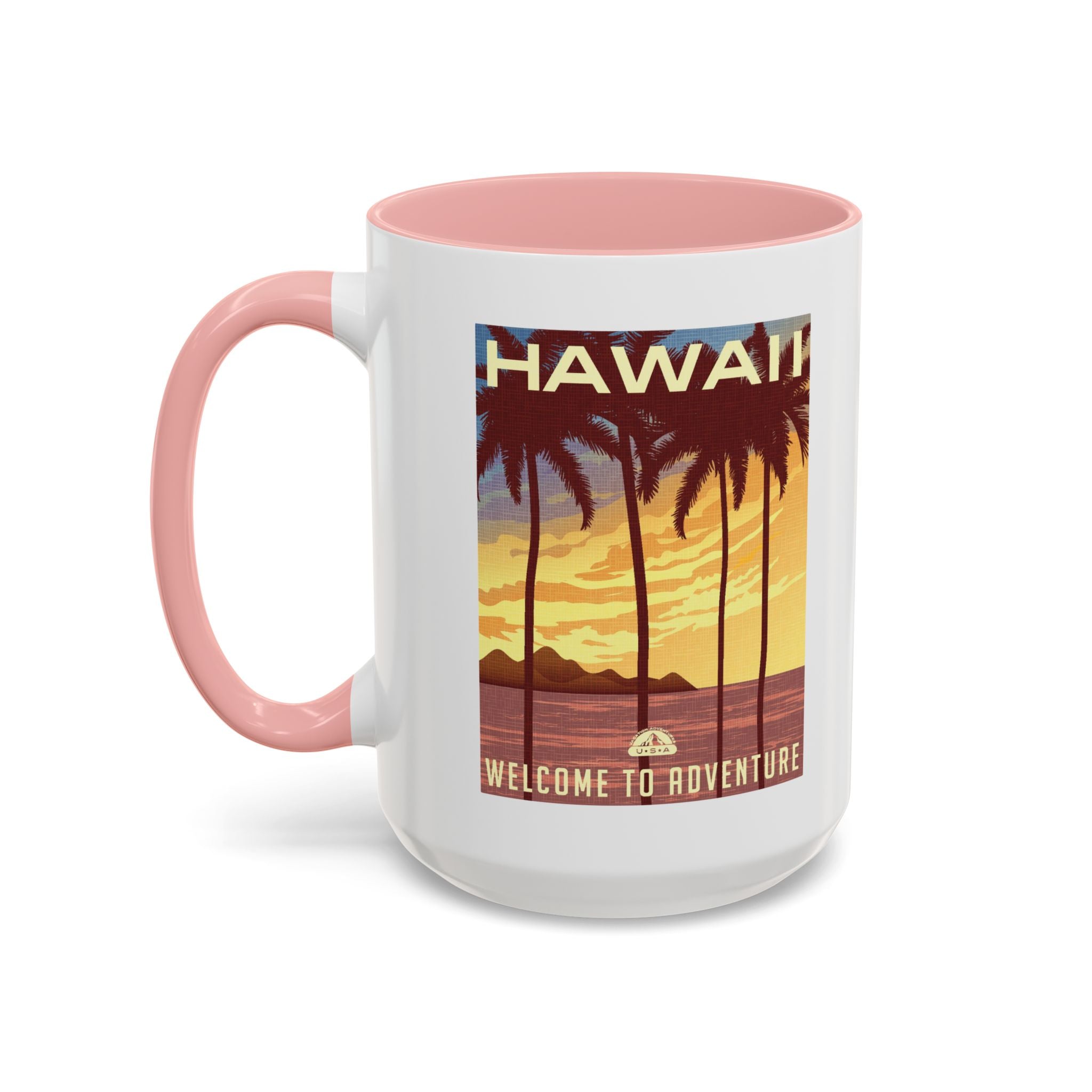Hawaii Sunset Coffee Mug — "Welcome to Adventure" Tropical Travel Accent Mug