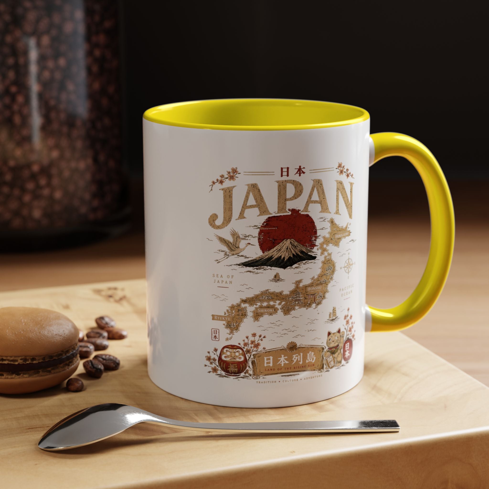 Japan Travel Map Coffee Mug — Mount Fuji Red Sun Accent Mug (11/15 oz)