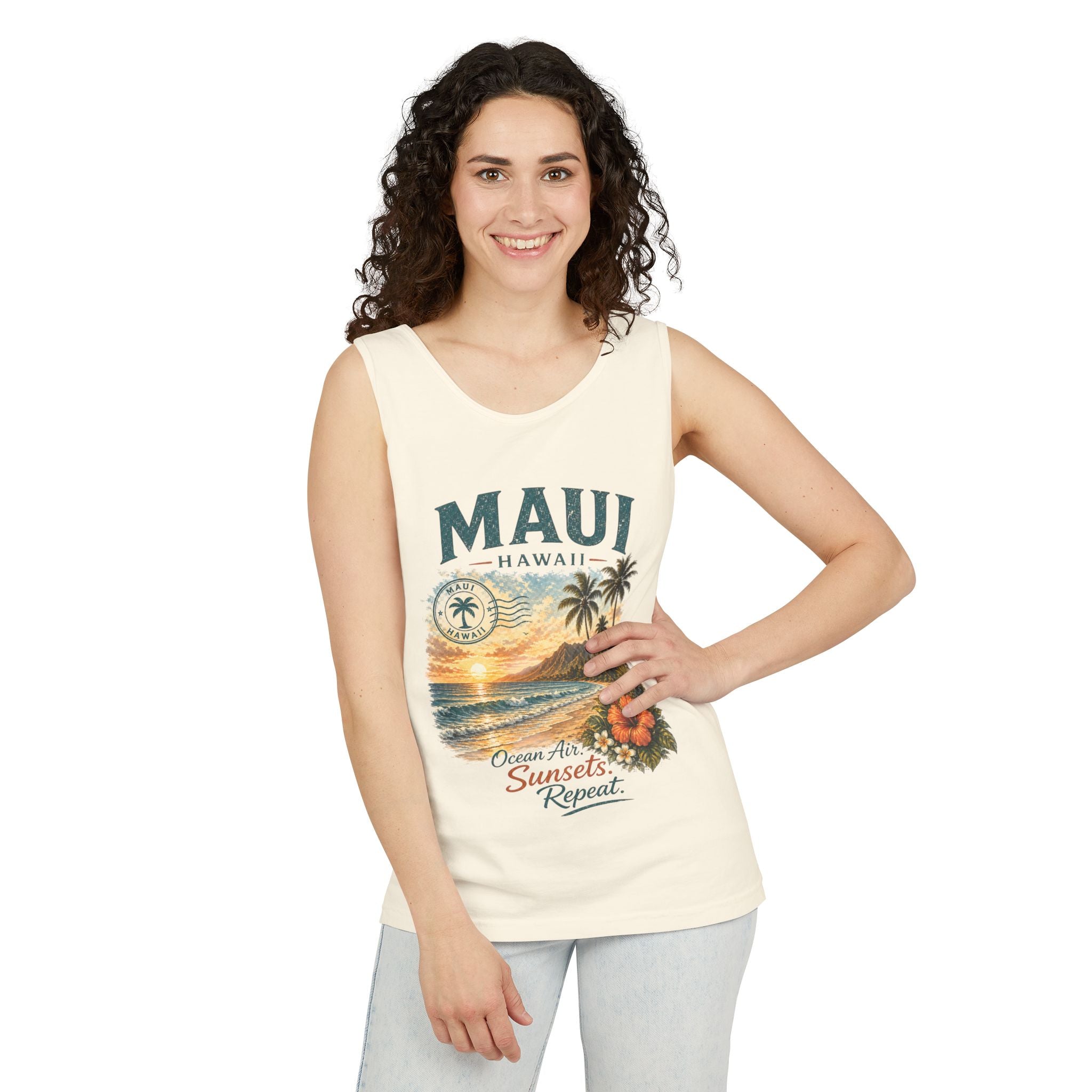 Maui Hawaii Tank Top — Ocean Air Sunsets Repeat Beach Graphic