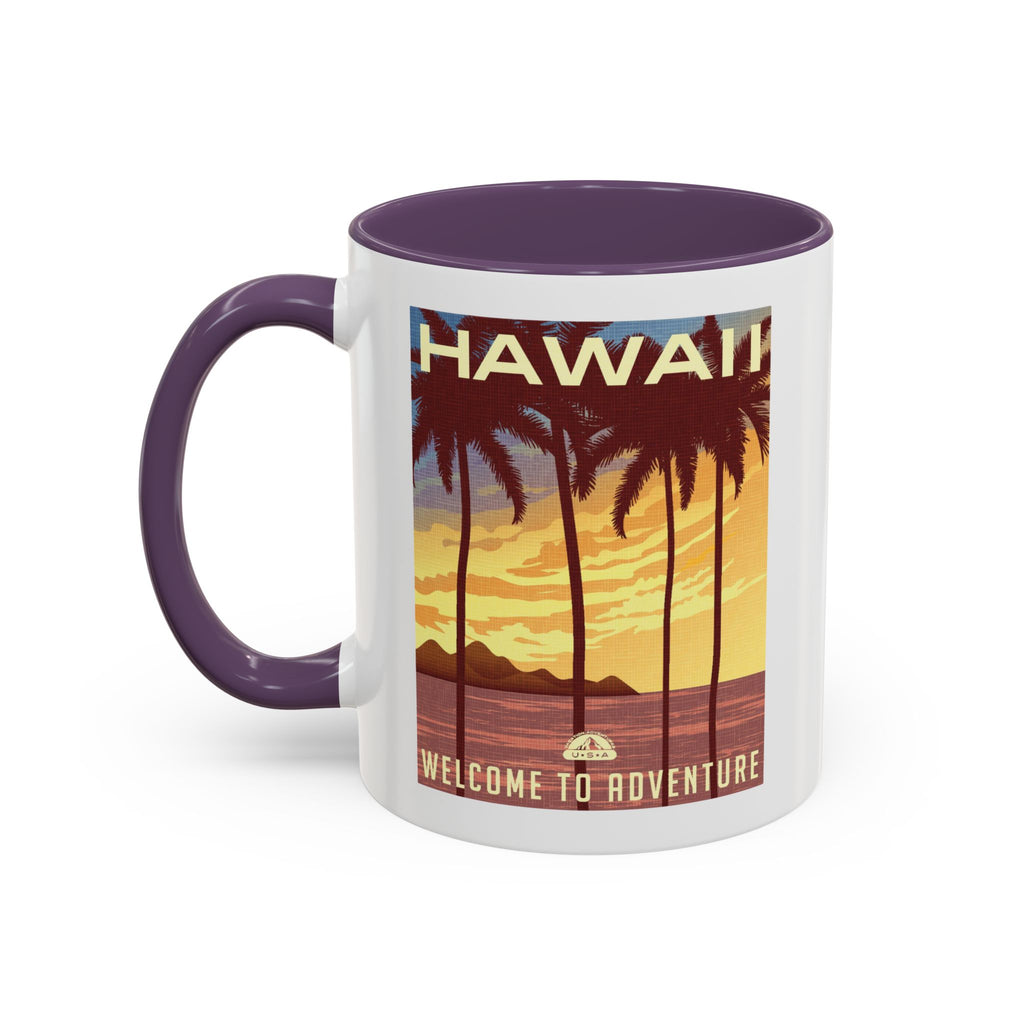 Hawaii Sunset Coffee Mug — "Welcome to Adventure" Tropical Travel Accent Mug