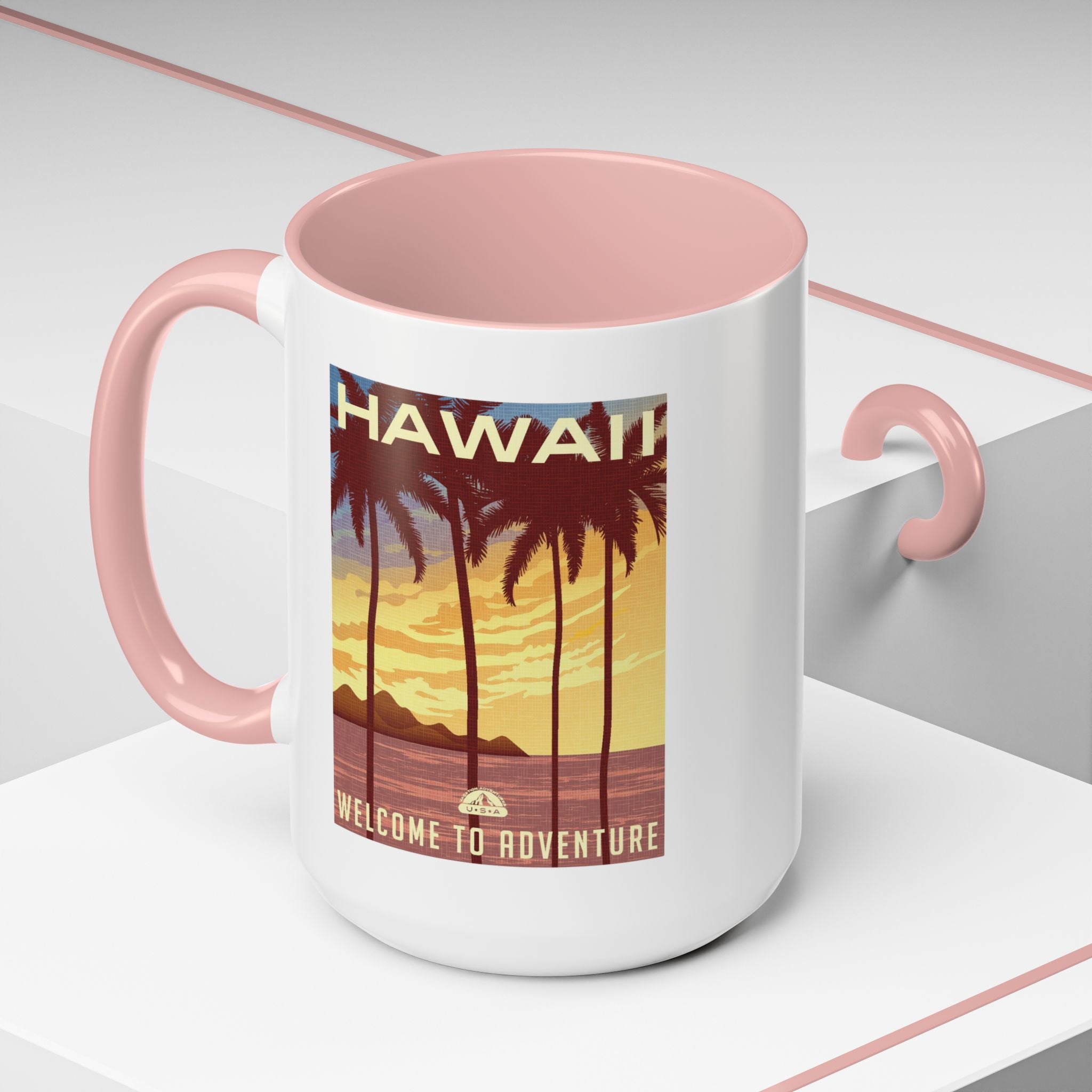 Hawaii Sunset Coffee Mug — "Welcome to Adventure" Tropical Travel Accent Mug