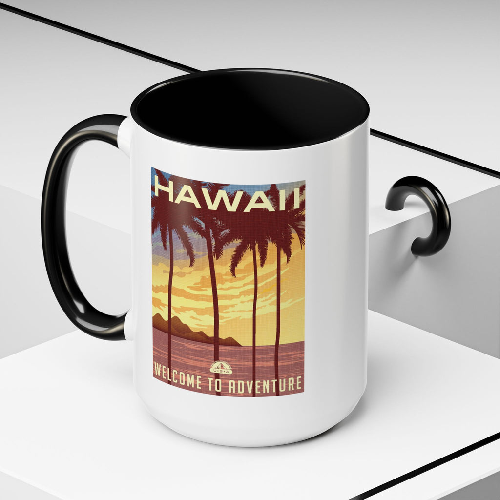 Hawaii Sunset Coffee Mug — "Welcome to Adventure" Tropical Travel Accent Mug