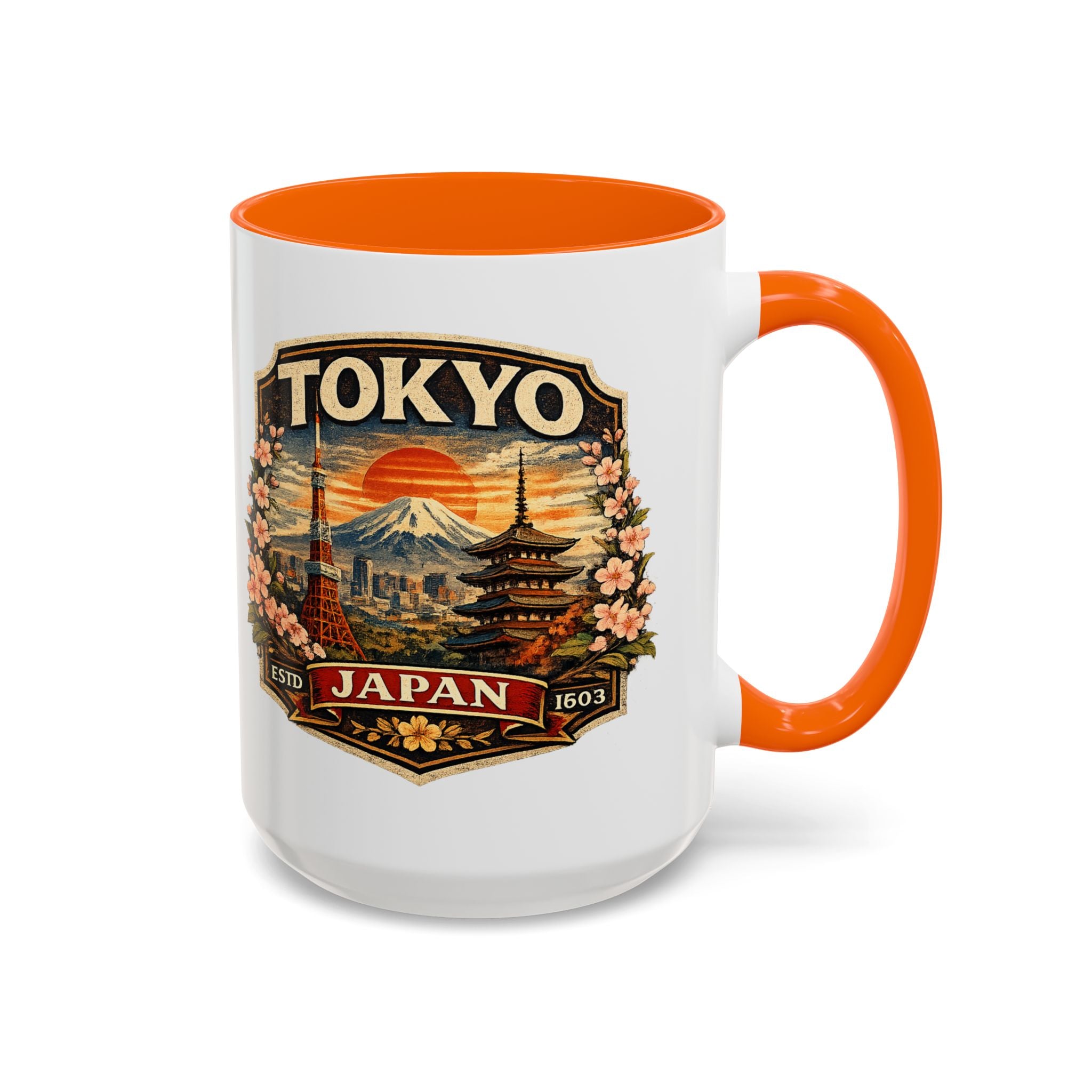 Tokyo Japan Accent Coffee Mug – Vintage Mount Fuji & Sakura Travel Souvenir (11/15oz)