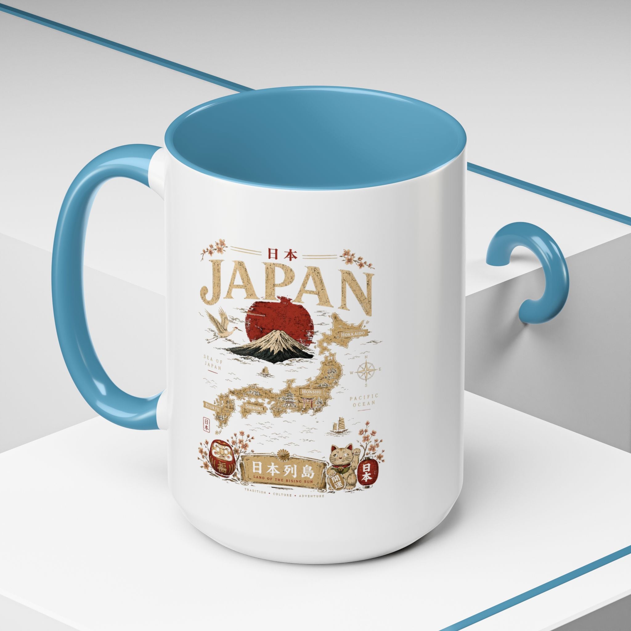 Japan Travel Map Coffee Mug — Mount Fuji Red Sun Accent Mug (11/15 oz)