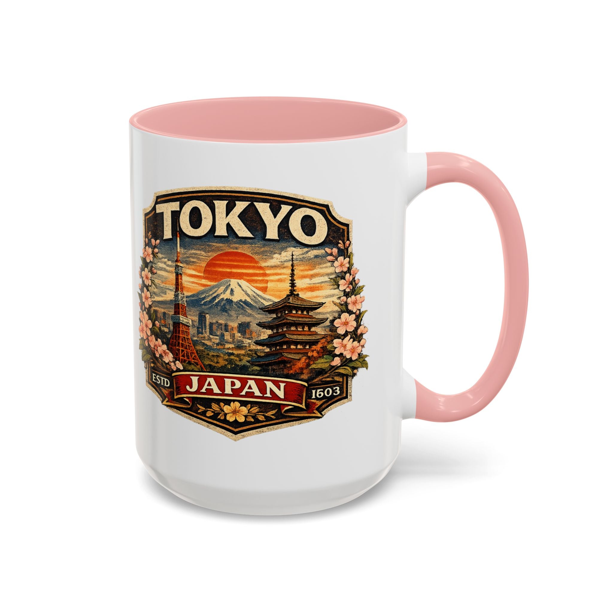 Tokyo Japan Accent Coffee Mug – Vintage Mount Fuji & Sakura Travel Souvenir (11/15oz)