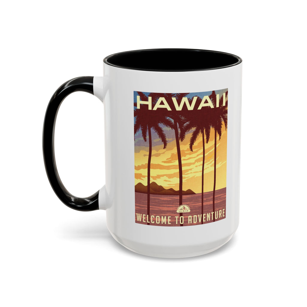 Hawaii Sunset Coffee Mug — "Welcome to Adventure" Tropical Travel Accent Mug