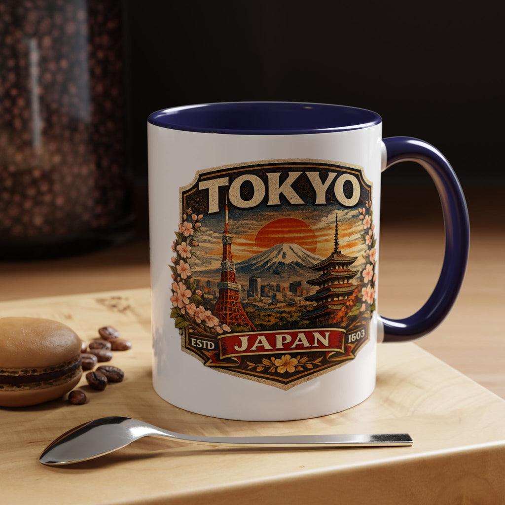 Tokyo Japan Accent Coffee Mug – Vintage Mount Fuji & Sakura Travel Souvenir (11/15oz)