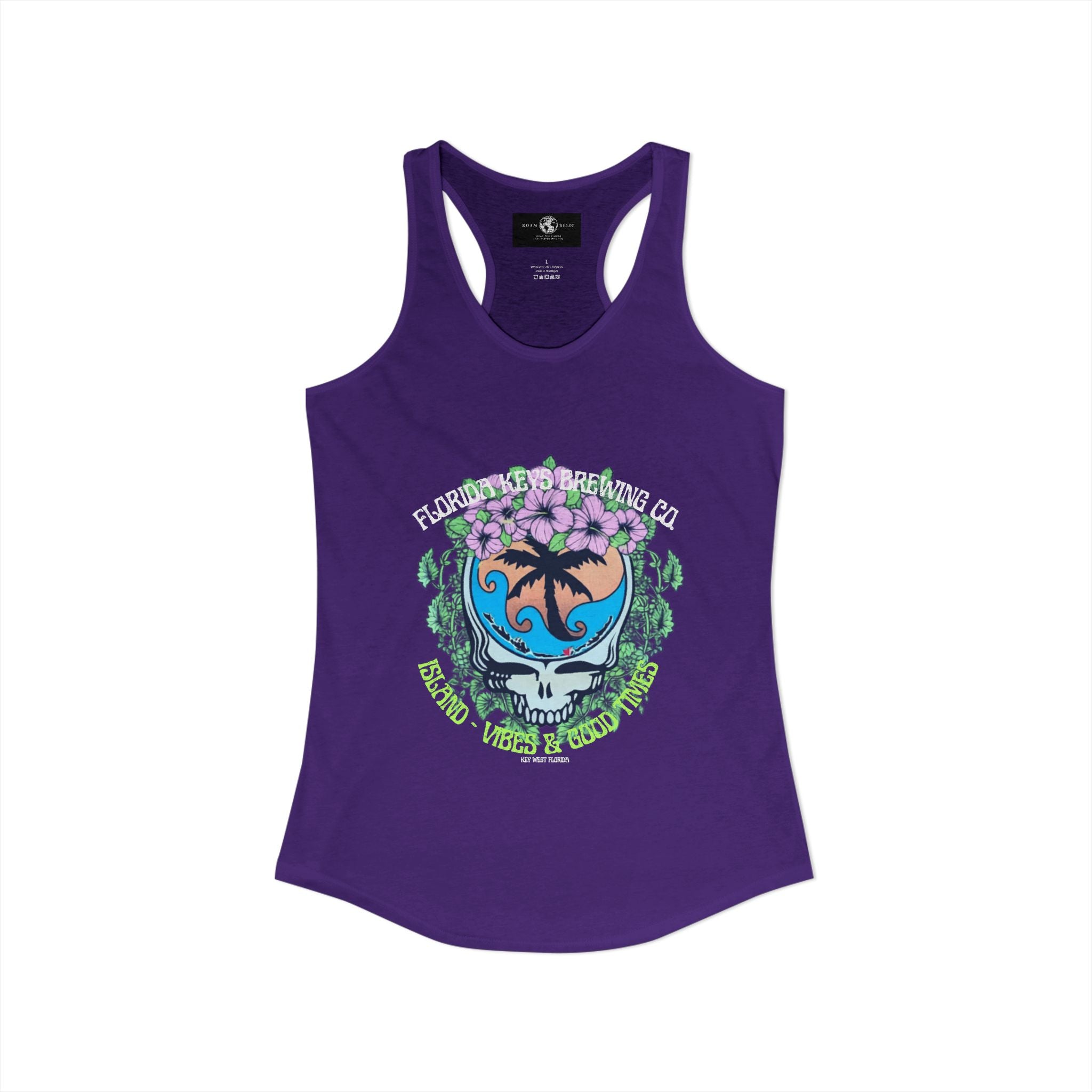 Island Vibes & Good Times Racerback Tank — Tropical Skull Graphic