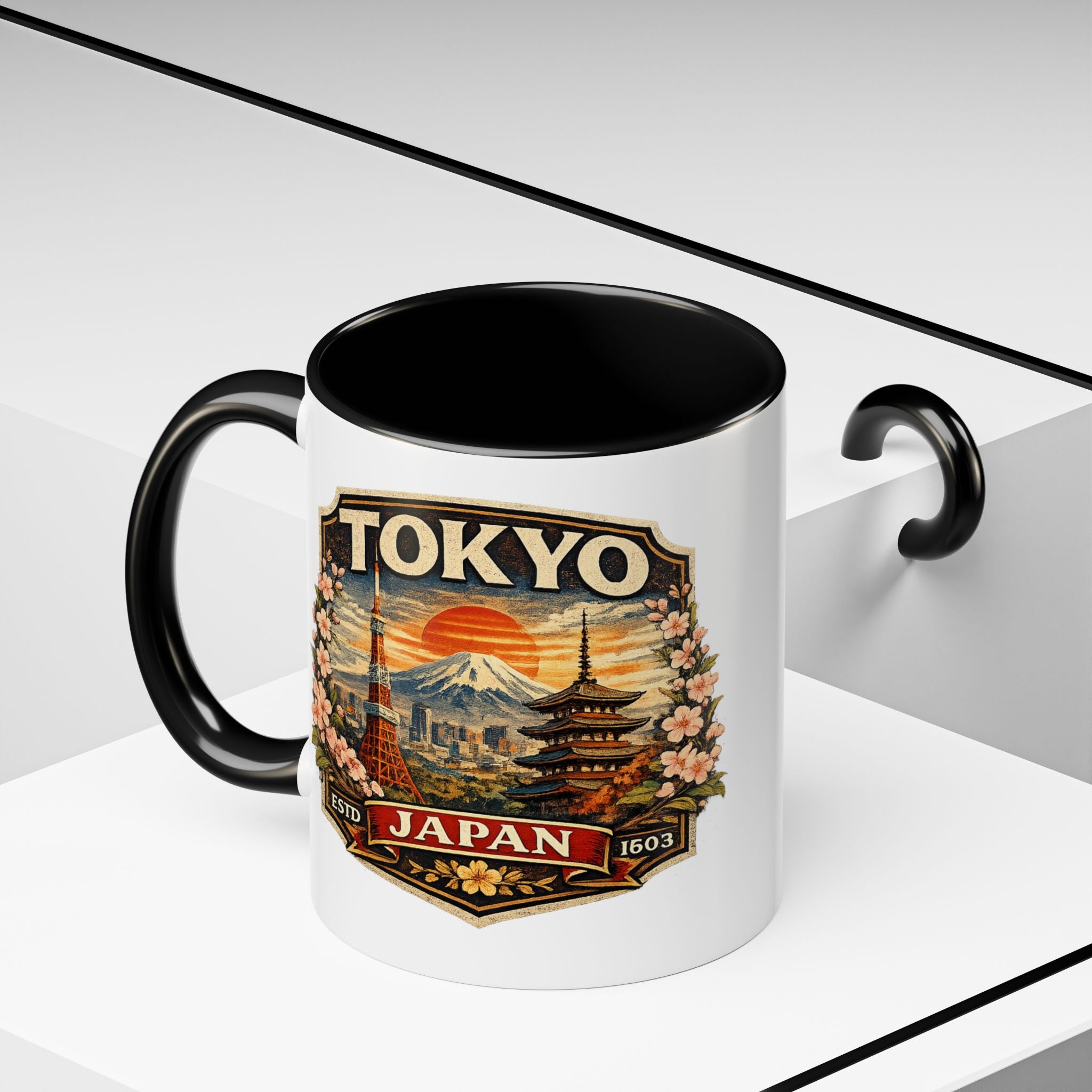 Tokyo Japan Accent Coffee Mug – Vintage Mount Fuji & Sakura Travel Souvenir (11/15oz)