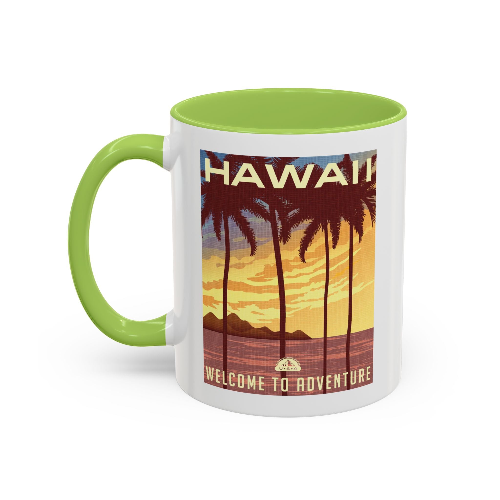 Hawaii Sunset Coffee Mug — "Welcome to Adventure" Tropical Travel Accent Mug