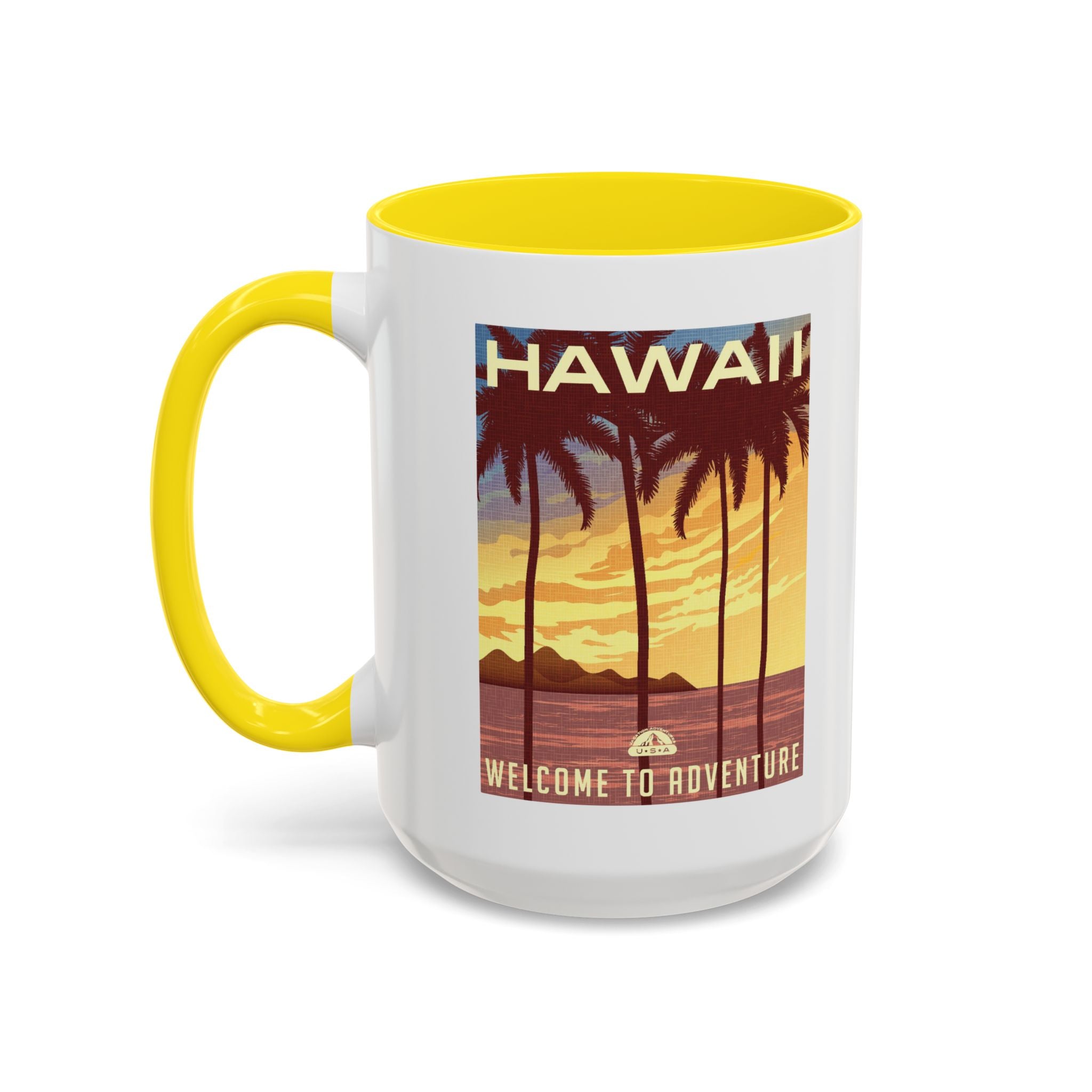 Hawaii Sunset Coffee Mug — "Welcome to Adventure" Tropical Travel Accent Mug