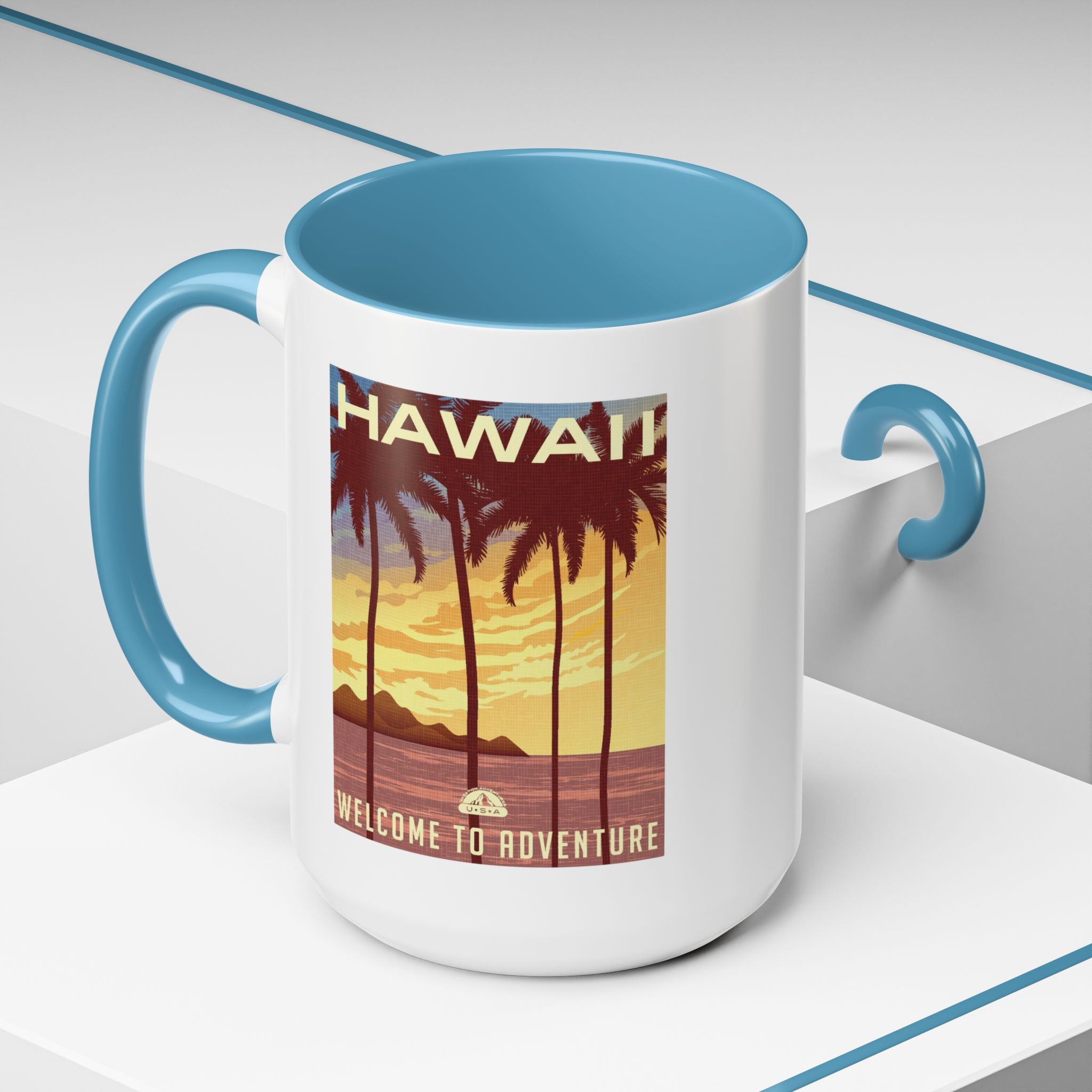 Hawaii Sunset Coffee Mug — "Welcome to Adventure" Tropical Travel Accent Mug