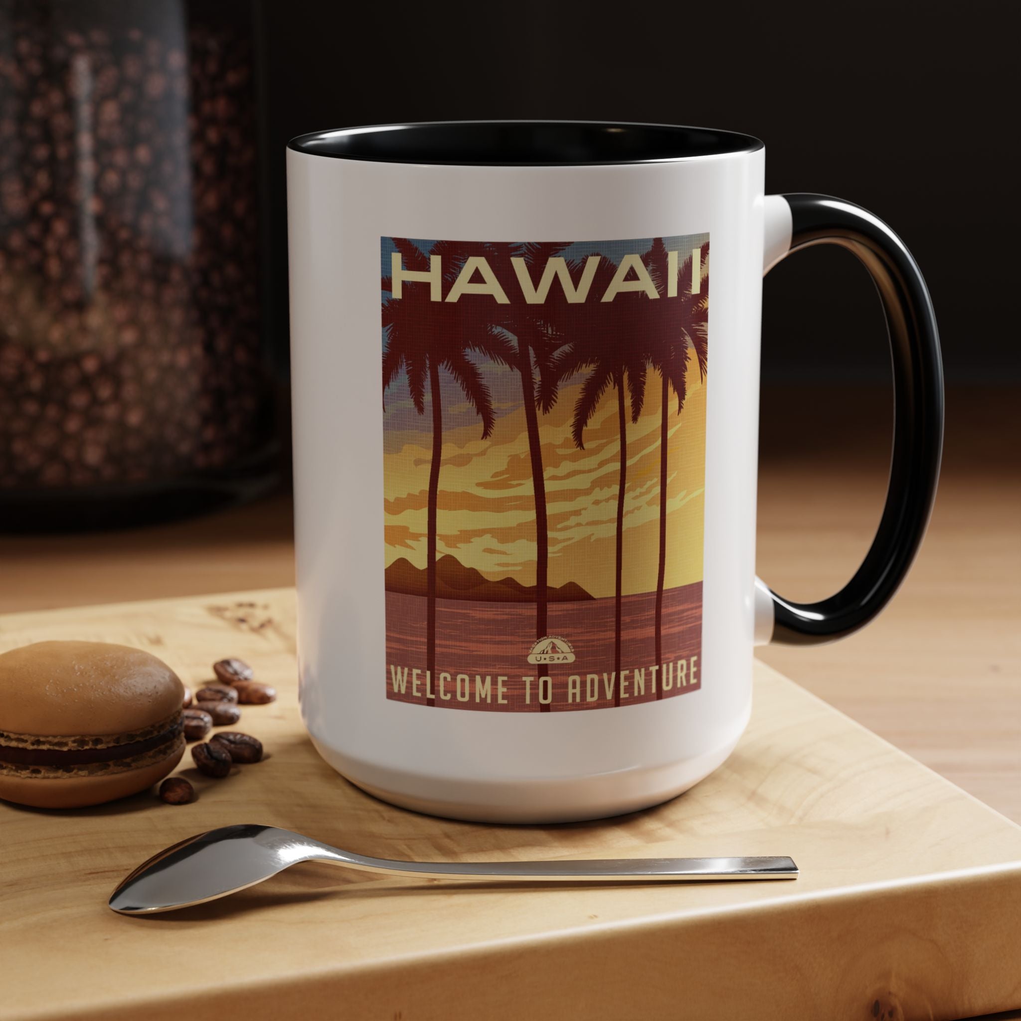 Hawaii Sunset Coffee Mug — "Welcome to Adventure" Tropical Travel Accent Mug