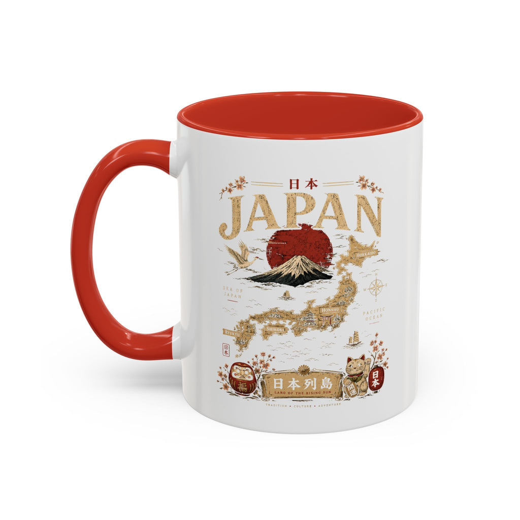 Japan Travel Map Coffee Mug — Mount Fuji Red Sun Accent Mug (11/15 oz)