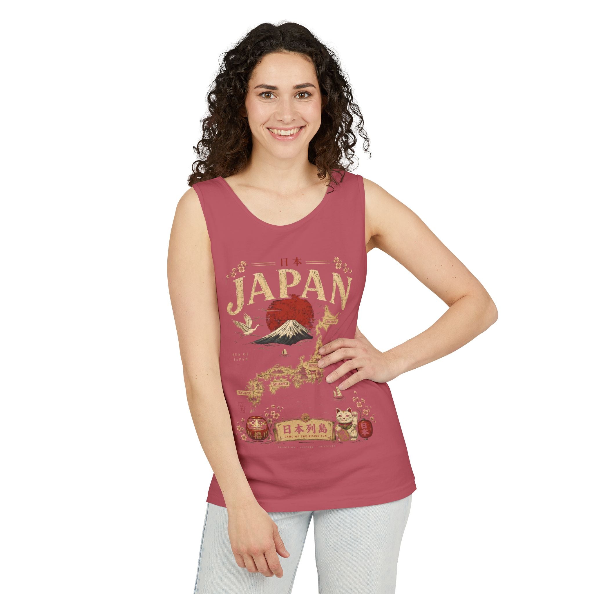 Japan Vintage Travel Tank Top — Mount Fuji & Lucky Cat Graphic