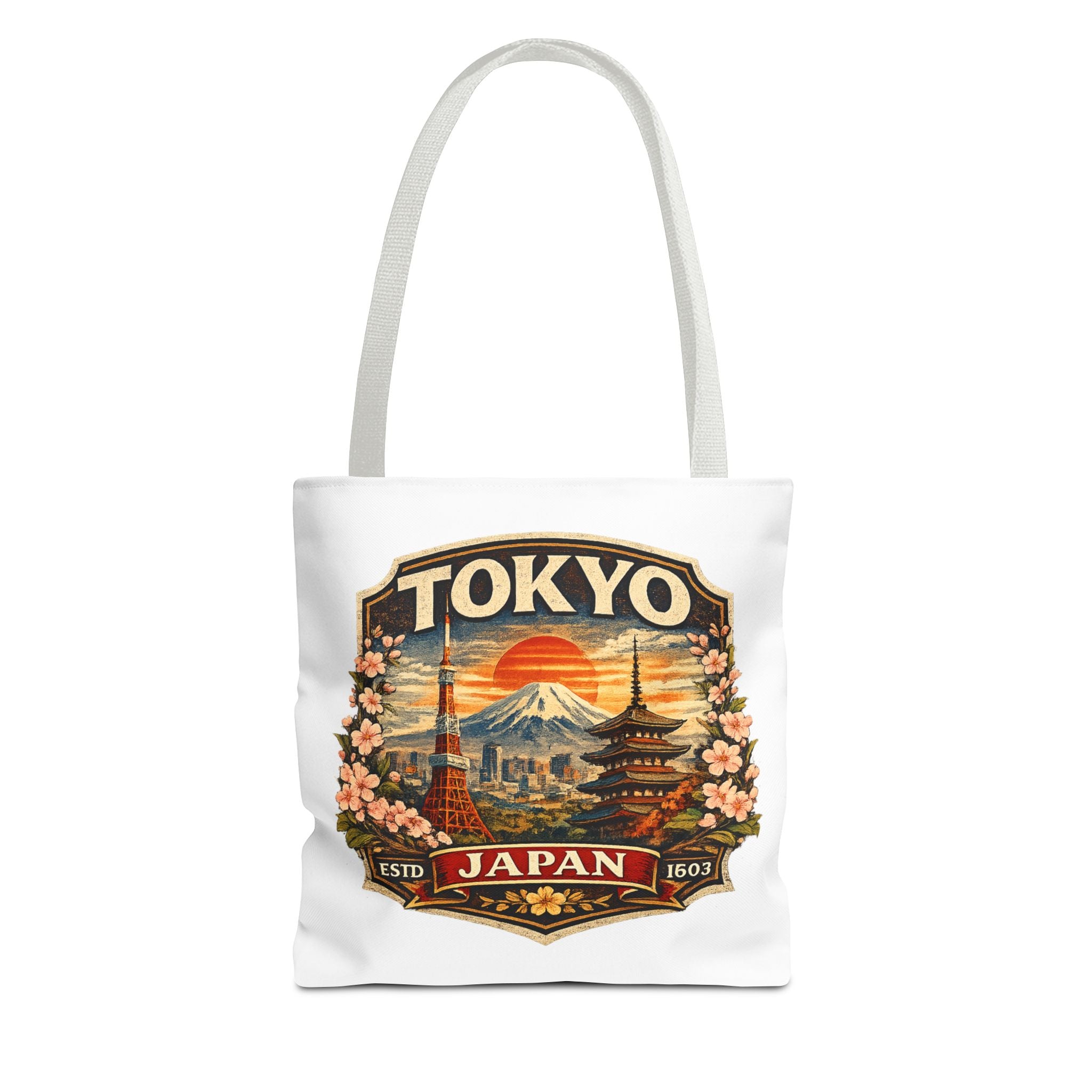 Tokyo Japan Scenic Tote Bag – Vintage Mount Fuji & Cherry Blossom Travel Tote