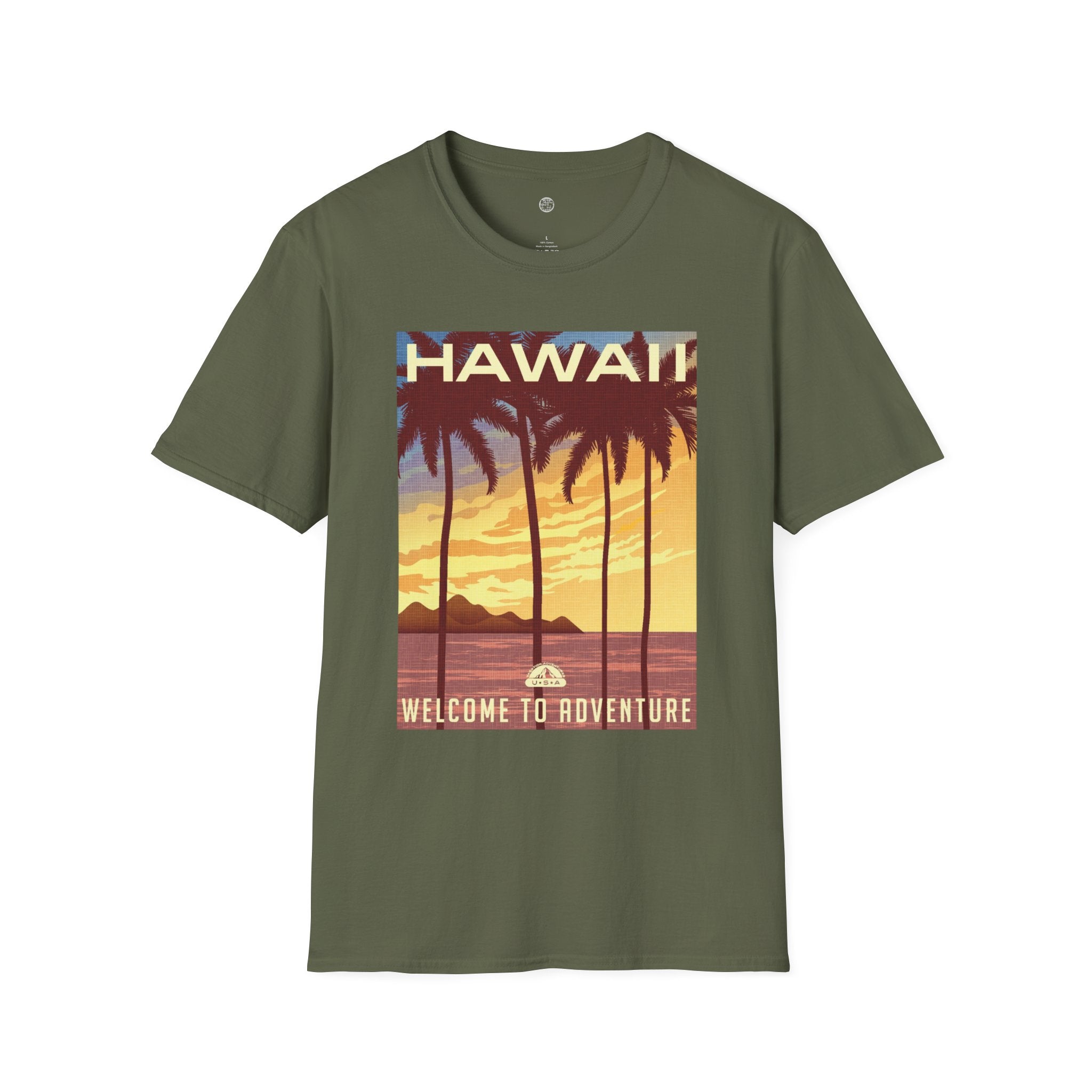Hawaii Sunset T-Shirt — "Welcome to Adventure" Vintage Palm Beach Tee