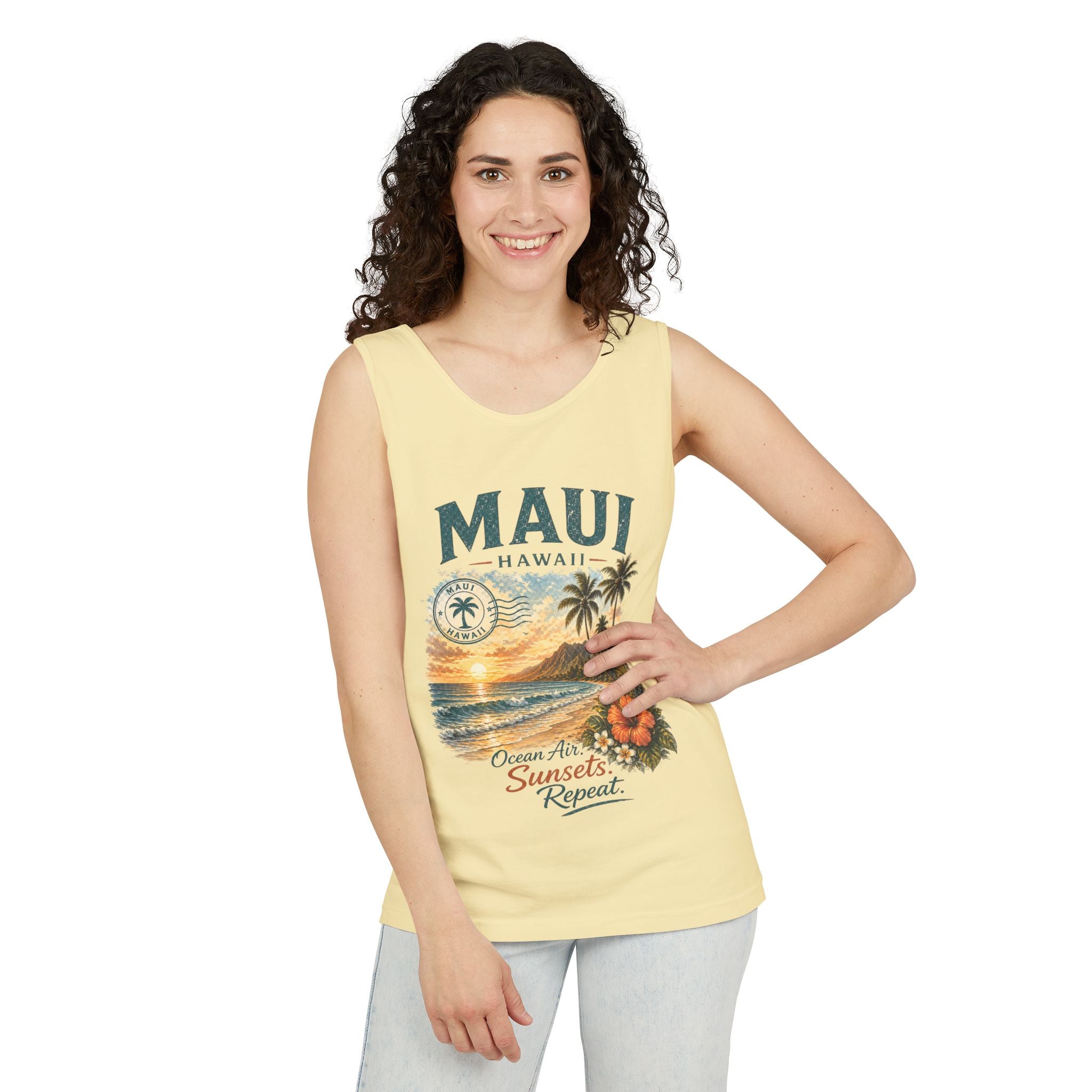 Maui Hawaii Tank Top — Ocean Air Sunsets Repeat Beach Graphic