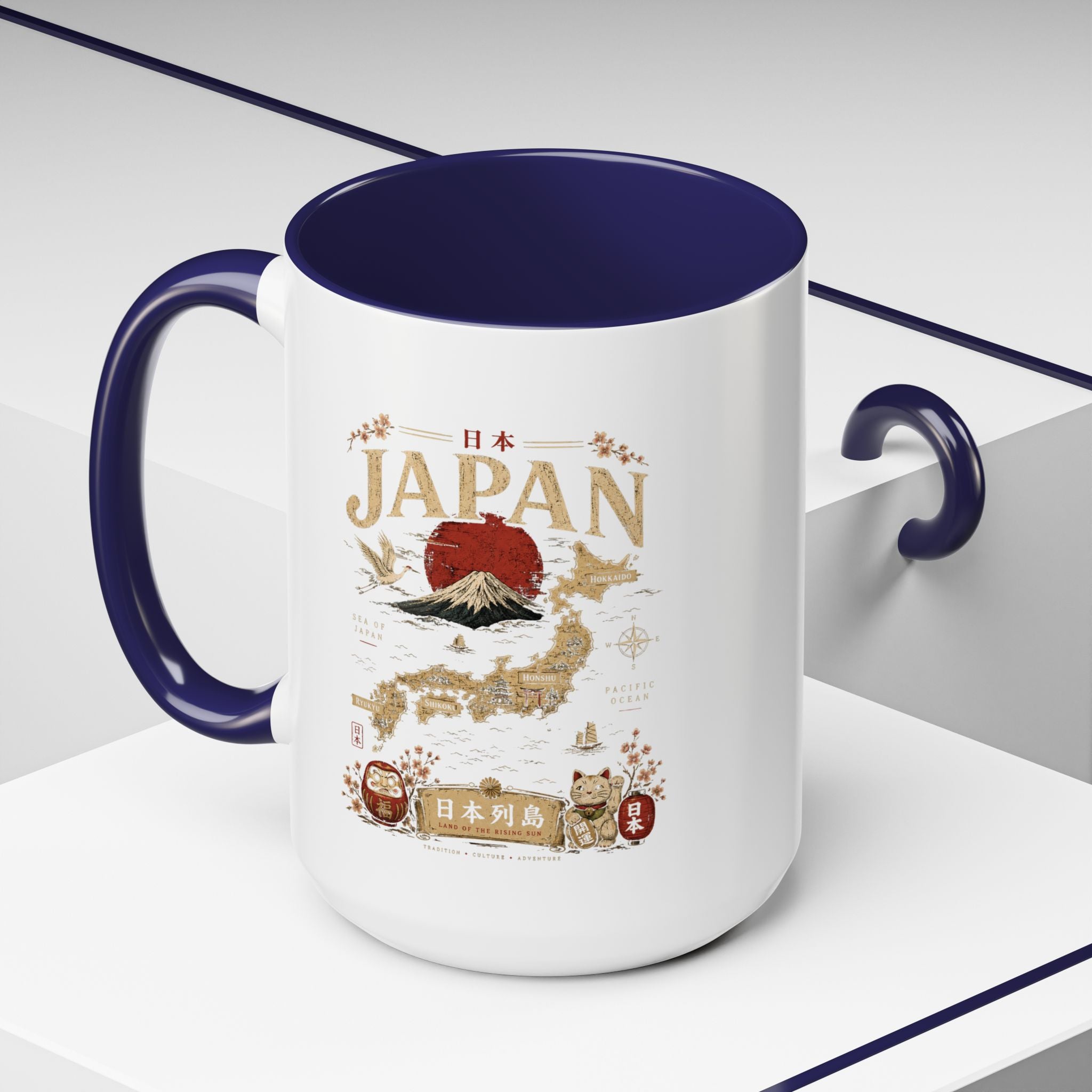 Japan Travel Map Coffee Mug — Mount Fuji Red Sun Accent Mug (11/15 oz)