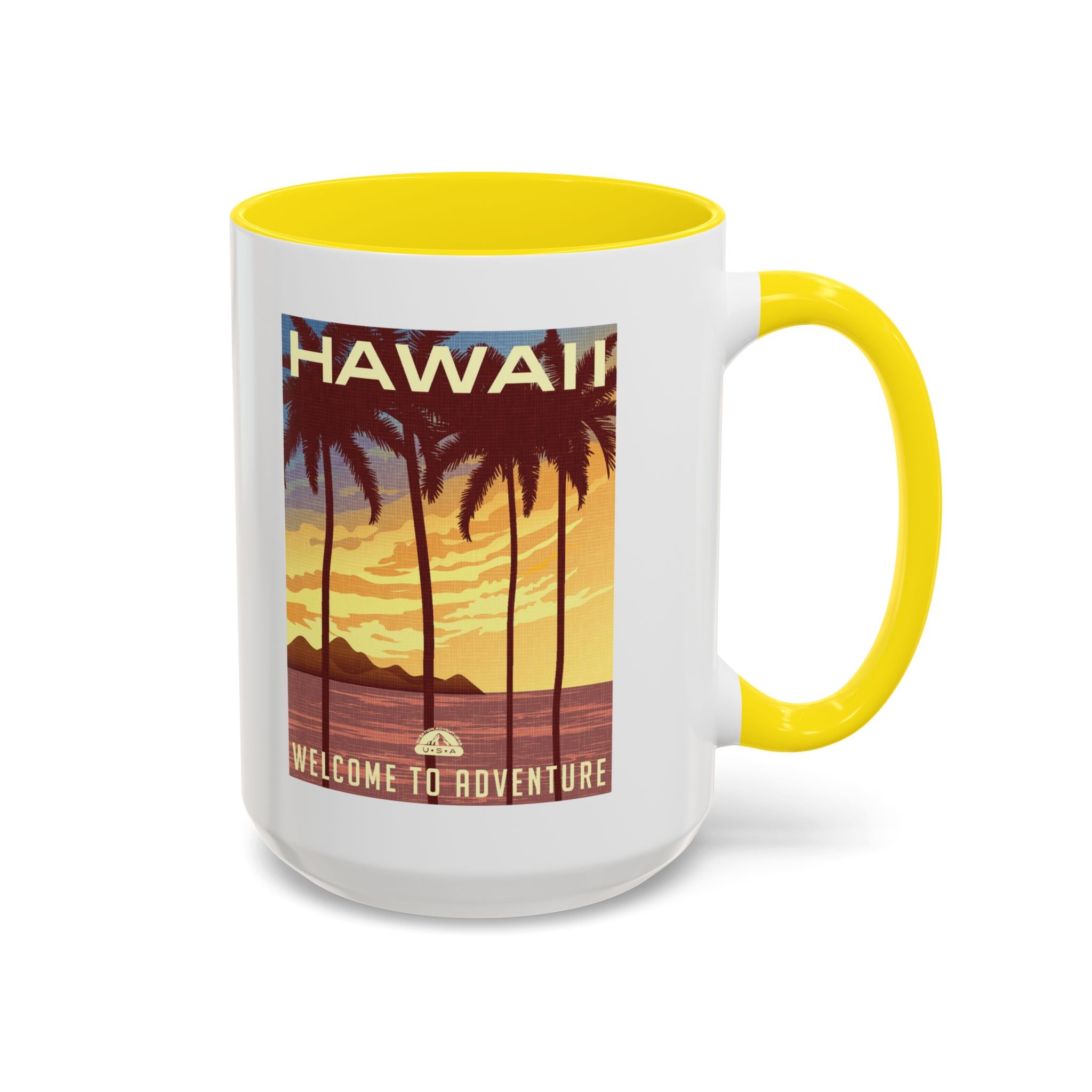 Hawaii Sunset Coffee Mug — "Welcome to Adventure" Tropical Travel Accent Mug