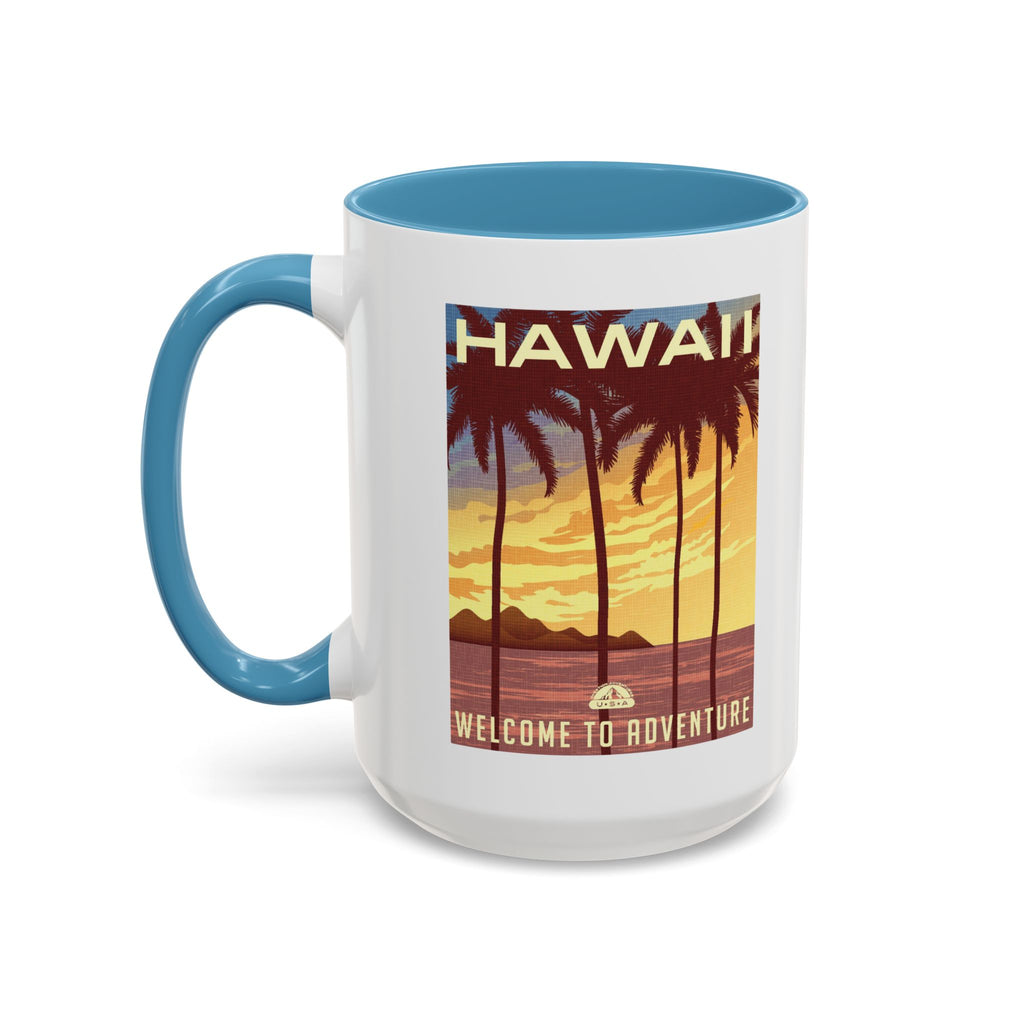 Hawaii Sunset Coffee Mug — "Welcome to Adventure" Tropical Travel Accent Mug