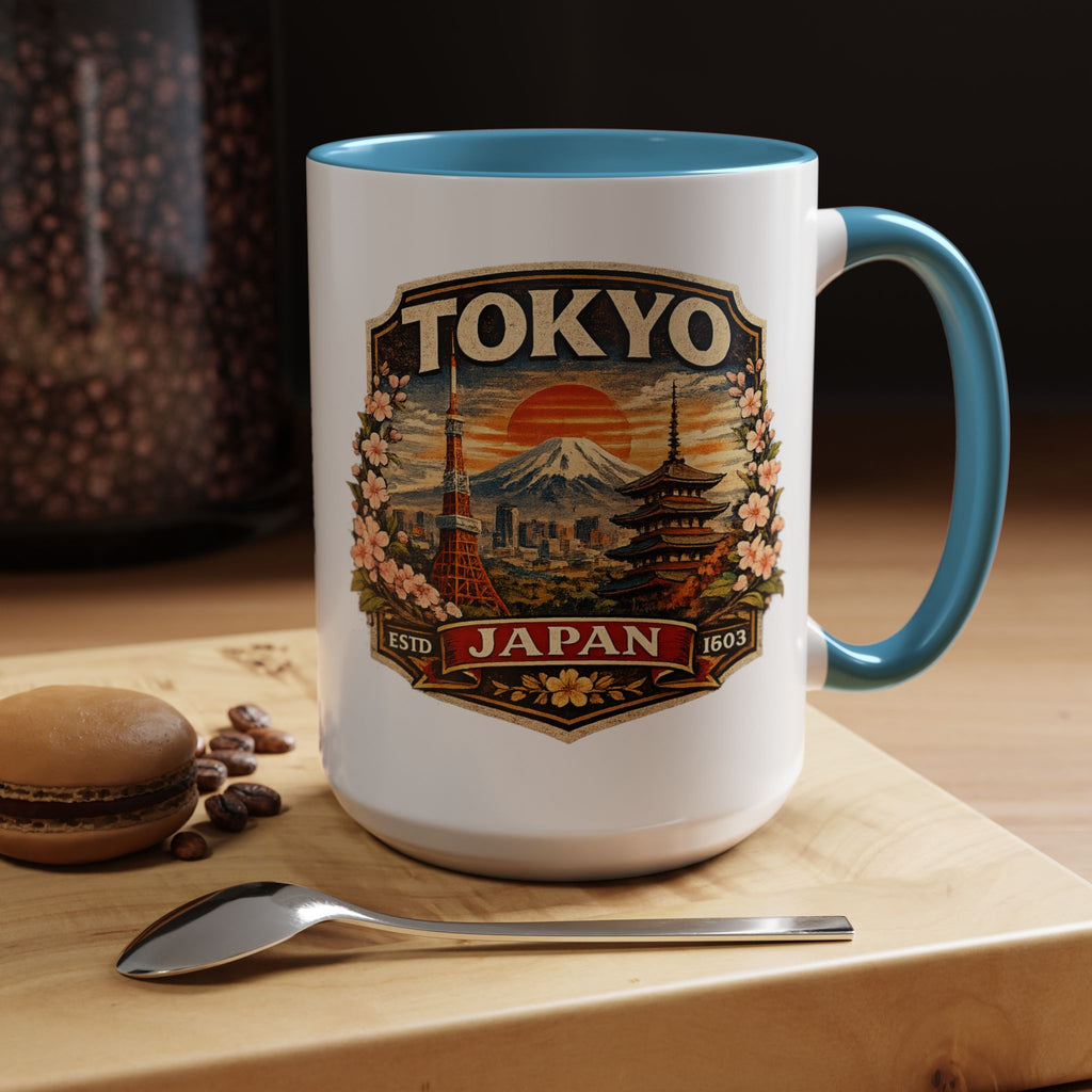 Tokyo Japan Accent Coffee Mug – Vintage Mount Fuji & Sakura Travel Souvenir (11/15oz)