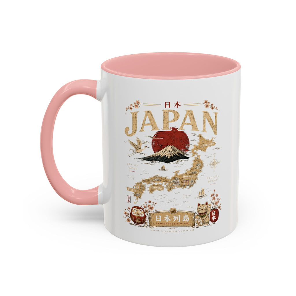 Japan Travel Map Coffee Mug — Mount Fuji Red Sun Accent Mug (11/15 oz)