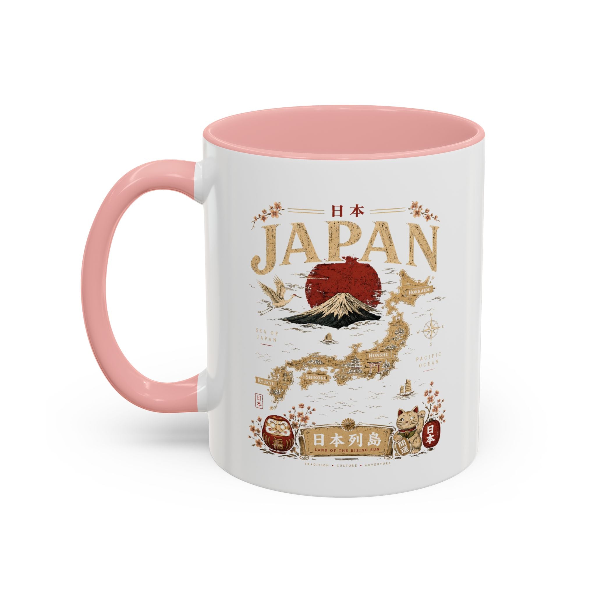 Japan Travel Map Coffee Mug — Mount Fuji Red Sun Accent Mug (11/15 oz)