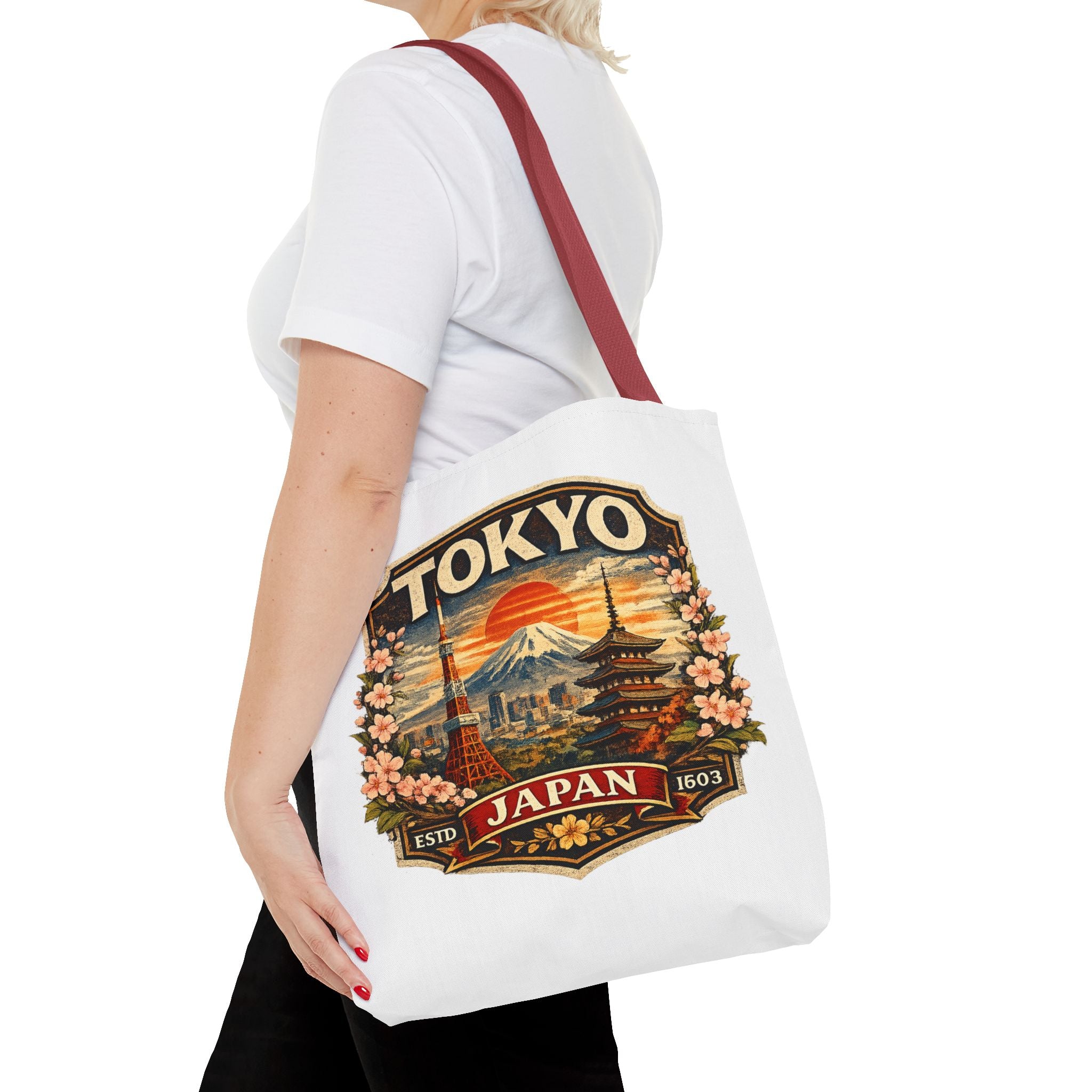 Tokyo Japan Scenic Tote Bag – Vintage Mount Fuji & Cherry Blossom Travel Tote