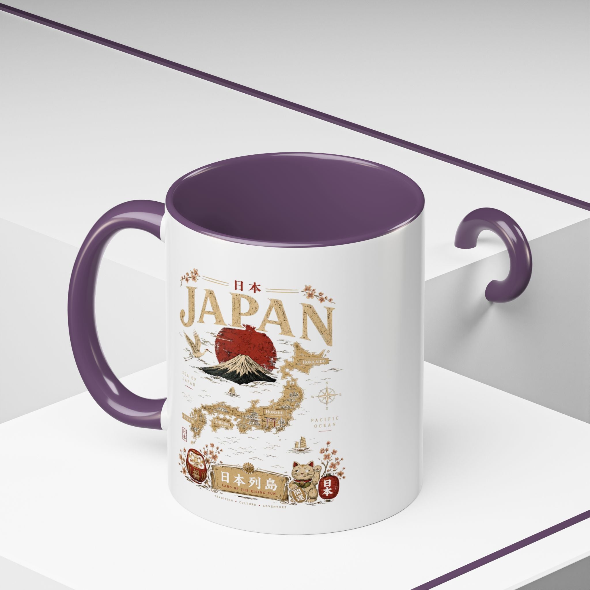 Japan Travel Map Coffee Mug — Mount Fuji Red Sun Accent Mug (11/15 oz)