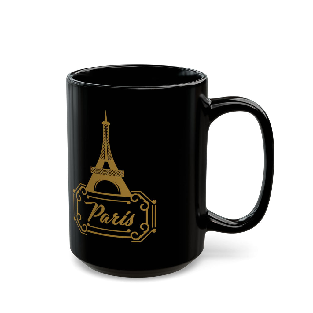 Paris Eiffel Tower Black Coffee Mug — Gold Retro Travel Logo (11oz, 15oz)