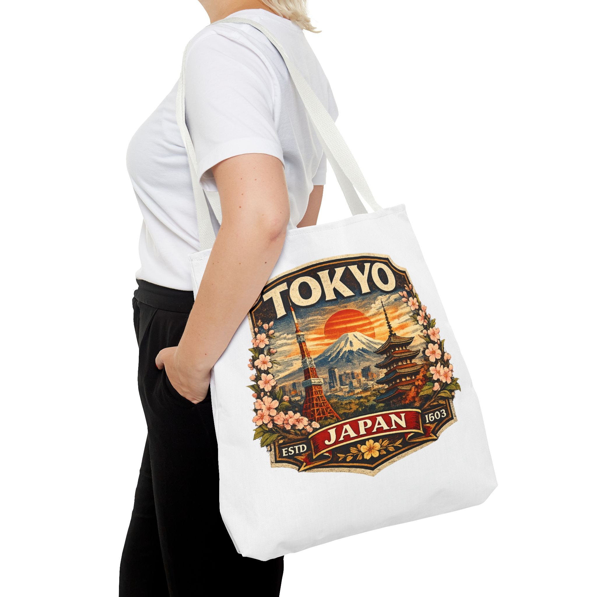 Tokyo Japan Scenic Tote Bag – Vintage Mount Fuji & Cherry Blossom Travel Tote