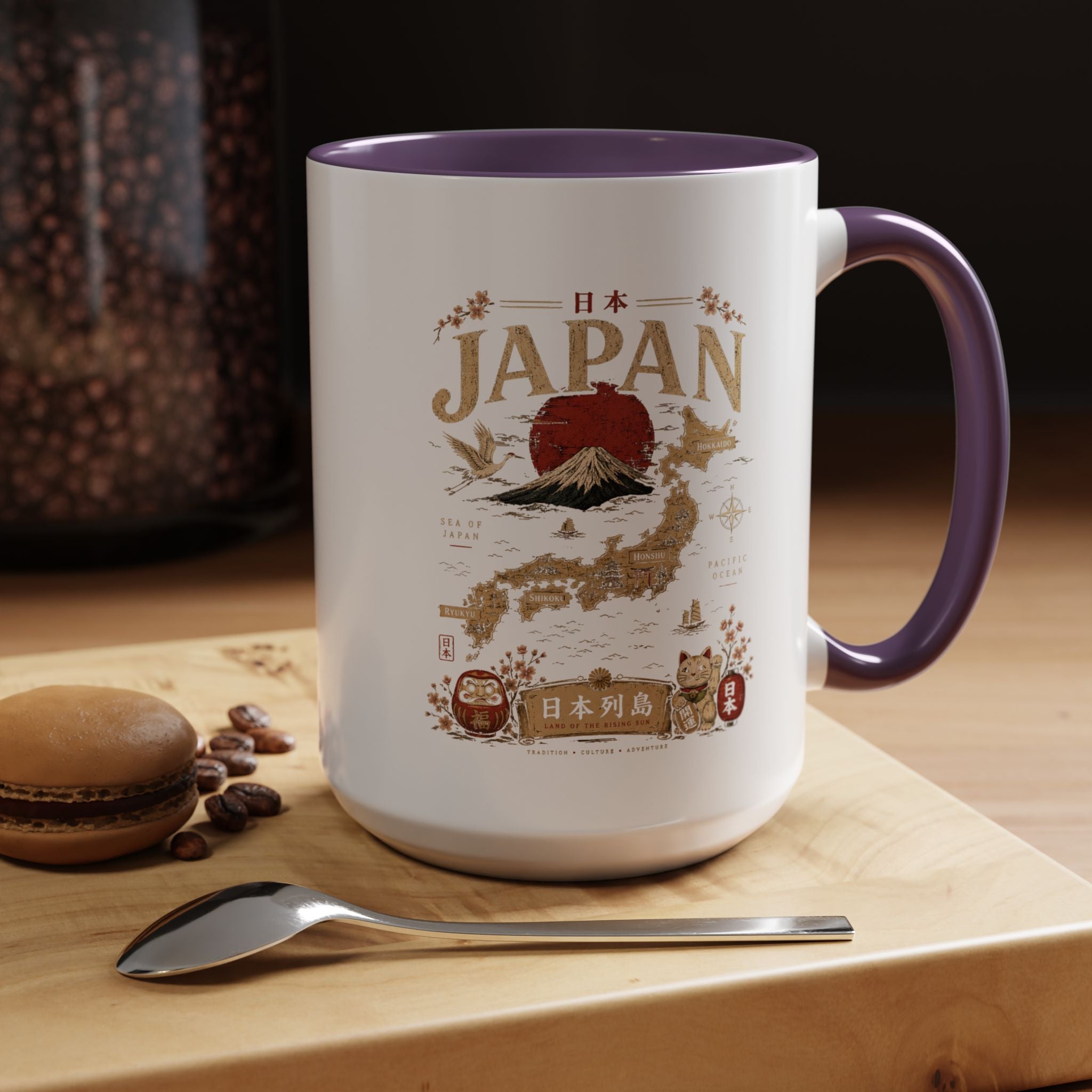 Japan Travel Map Coffee Mug — Mount Fuji Red Sun Accent Mug (11/15 oz)