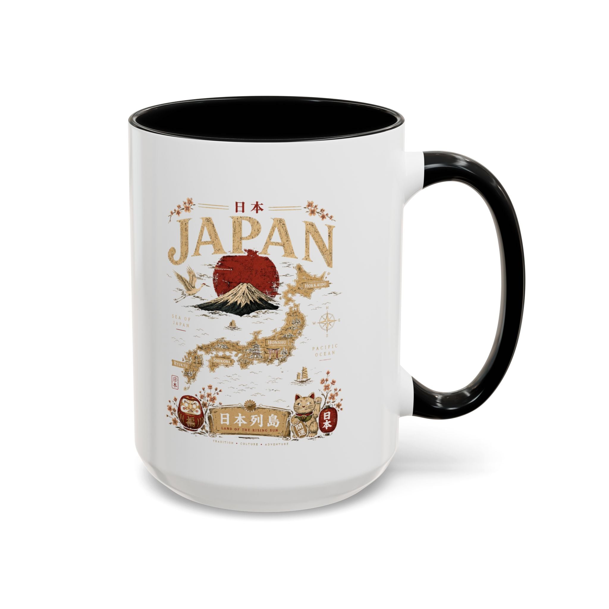 Japan Travel Map Coffee Mug — Mount Fuji Red Sun Accent Mug (11/15 oz)