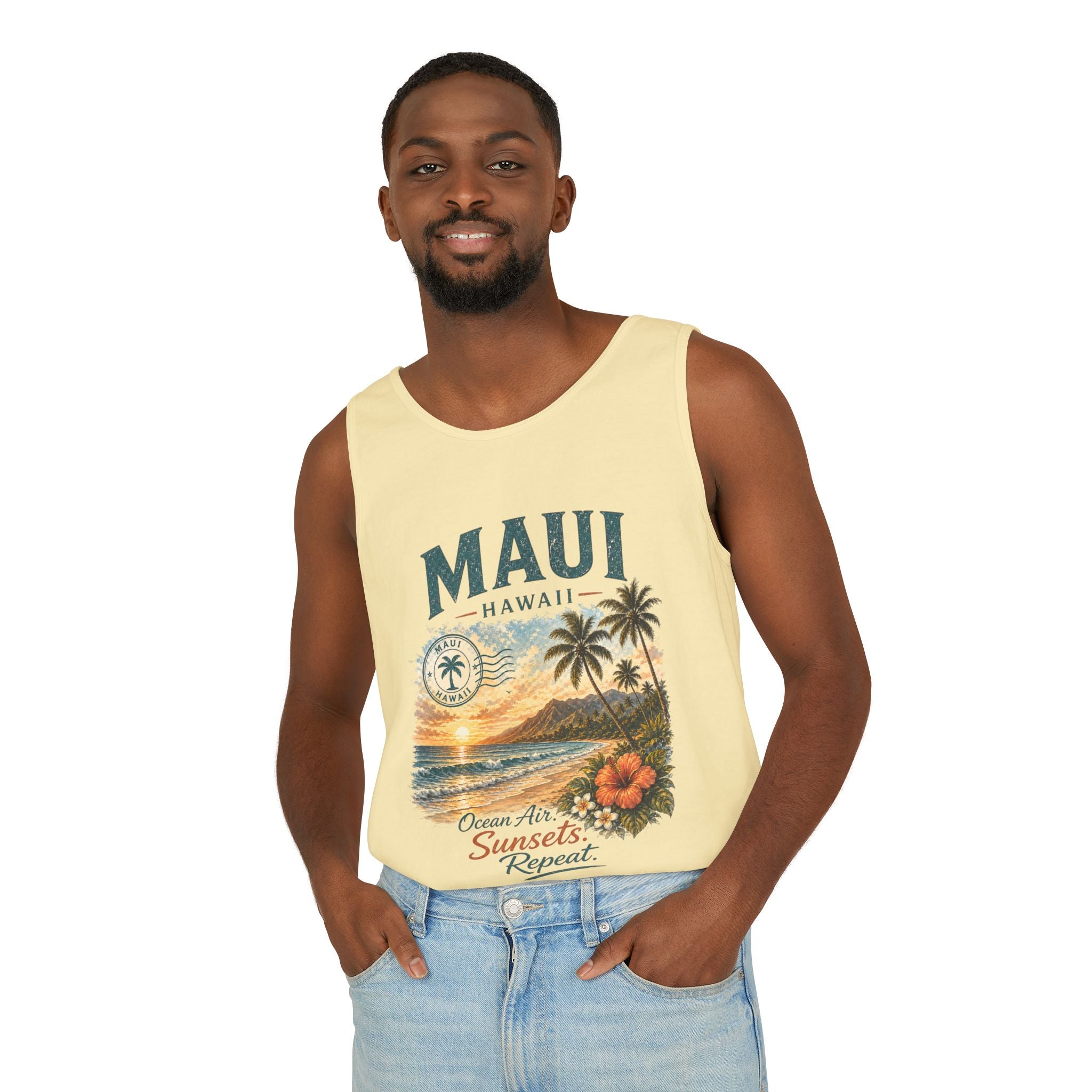 Maui Hawaii Tank Top — Ocean Air Sunsets Repeat Beach Graphic