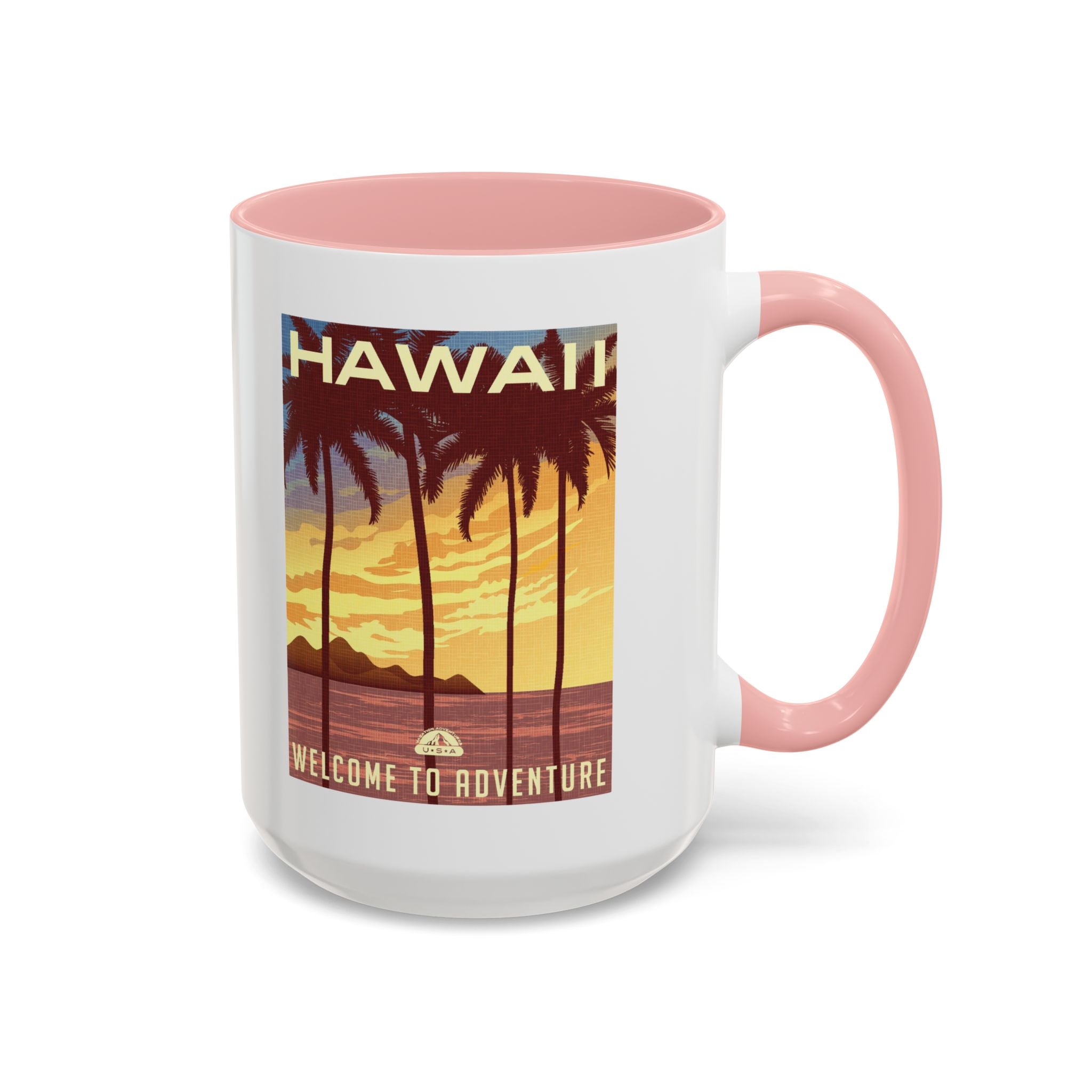 Hawaii Sunset Coffee Mug — "Welcome to Adventure" Tropical Travel Accent Mug