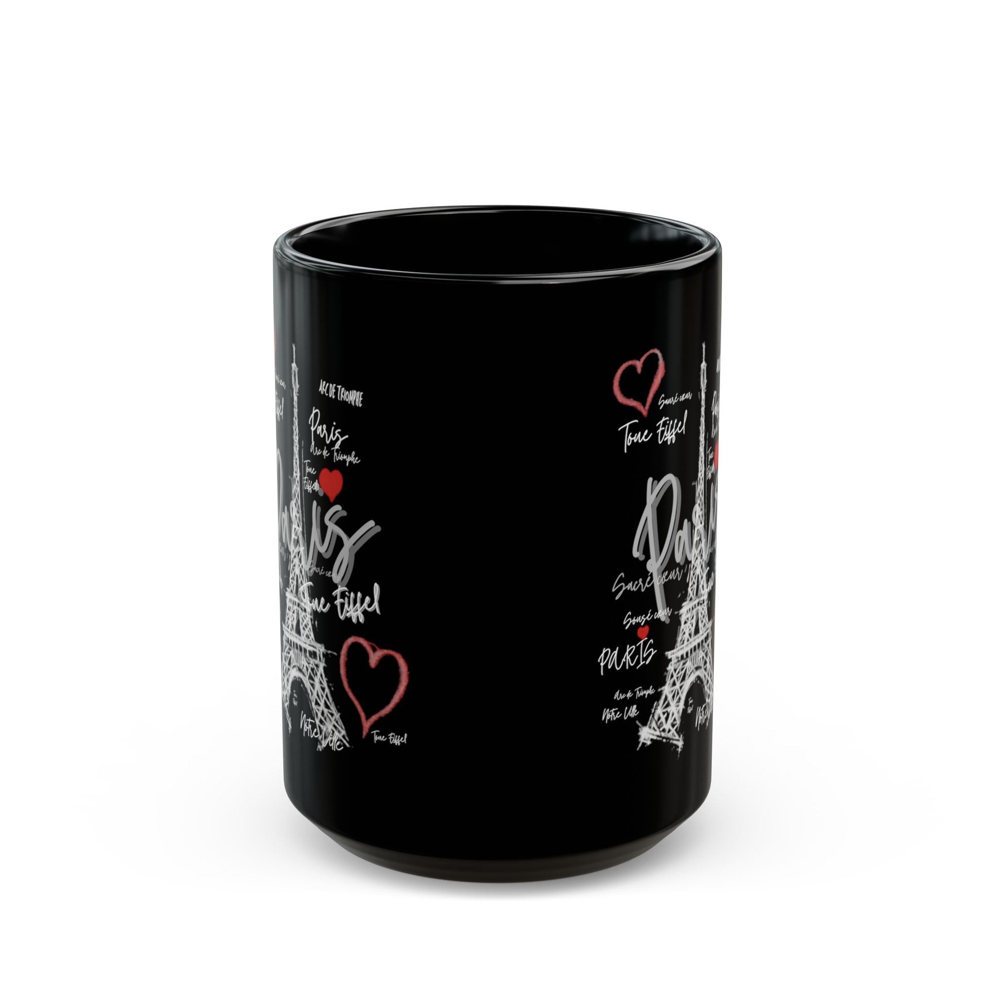 Paris Eiffel Tower Heart Black Mug — Romantic France Coffee Cup (11oz/15oz)